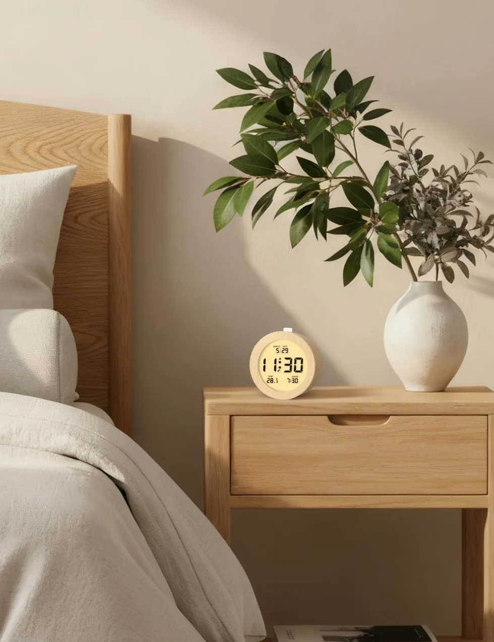 aboveClock Réveil Numérique en Bois avec Écran LCD, Température, Date, Snooze, Rétroéclairage, 3 Piles AAA