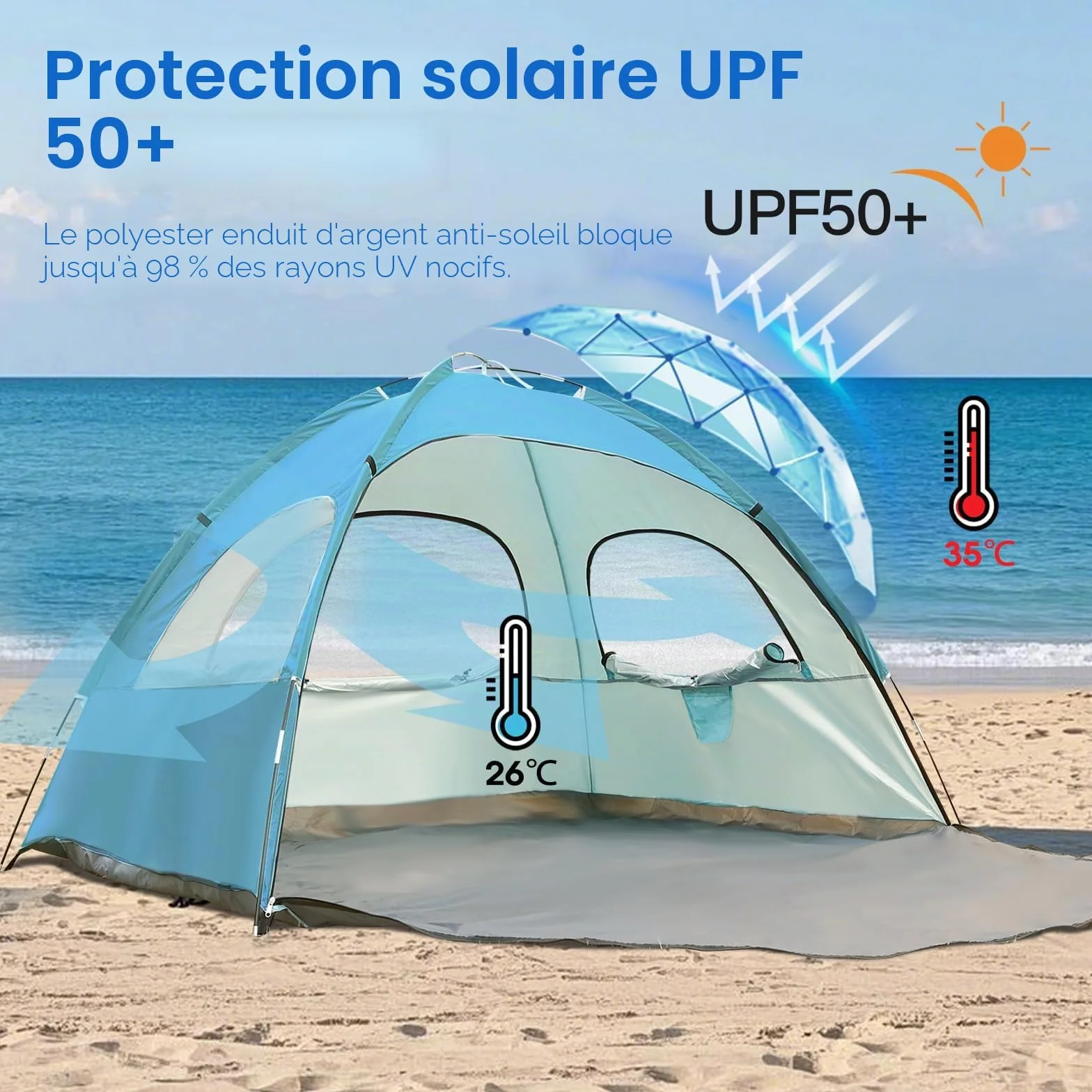 Tente de plage JAICOM pour 2 à 3 personnes, avec protection UV UPF 50+, légère, montage rapide, fenêtres aérées, famille, plage, jardin, camping