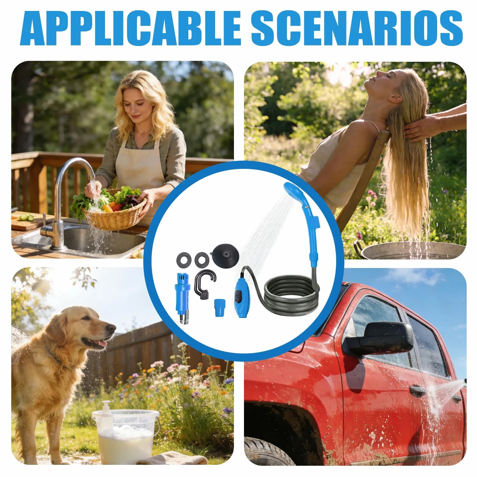 BORDEAG Douche de Camping Portable,Pompe de Douche,Prise Allume-Cigare 12V,Kit de Douche Mobile,Douche de Camping Extérieure avec Pommeau Et Flexible,Douche Extérieure pour Camping-Cars Et Voyages