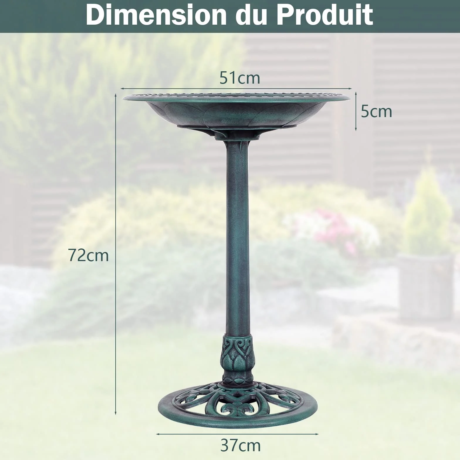 COSTWAY Abreuvoir Oiseaux Extérieur Plateau Dia.50 cm, Mangeoire Oiseaux Hauteur 72CM, Bain d'oiseaux sur Pied, Design Antique (Bronze Vert)