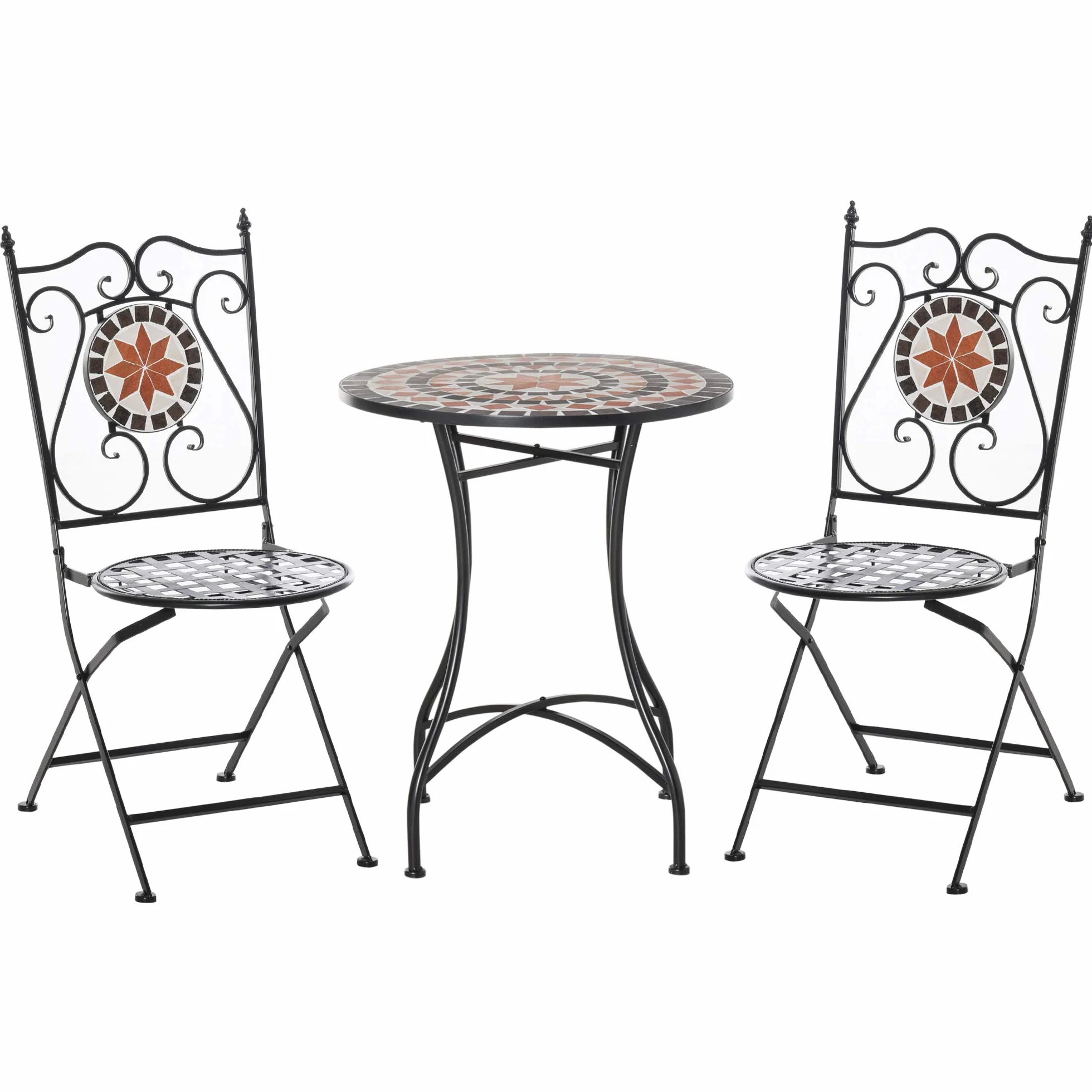 Outsunny Ensemble Bistro 2 Places 3 pièces Fer forgé Mosaïque céramique Motif Rose des Vents Chaises Pliables métal époxy Noir