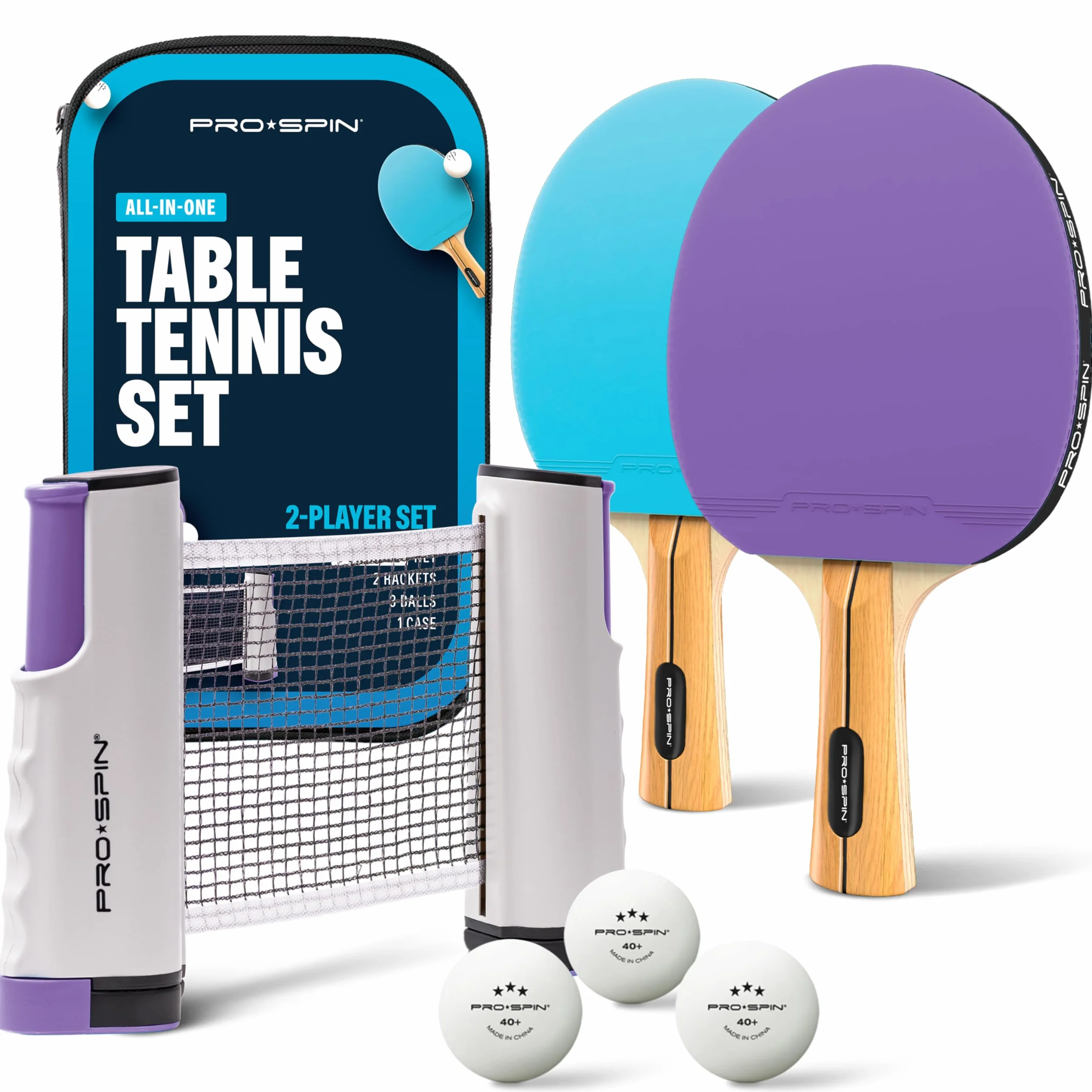 PRO-SPIN Set de Raquettes de Ping-Pong Portable | Kit de Qualité avec Filet Ping Pong pour Toute Table, Raquettes Tennis de Table Hautes Performances, Balles de 3-Étoiles
