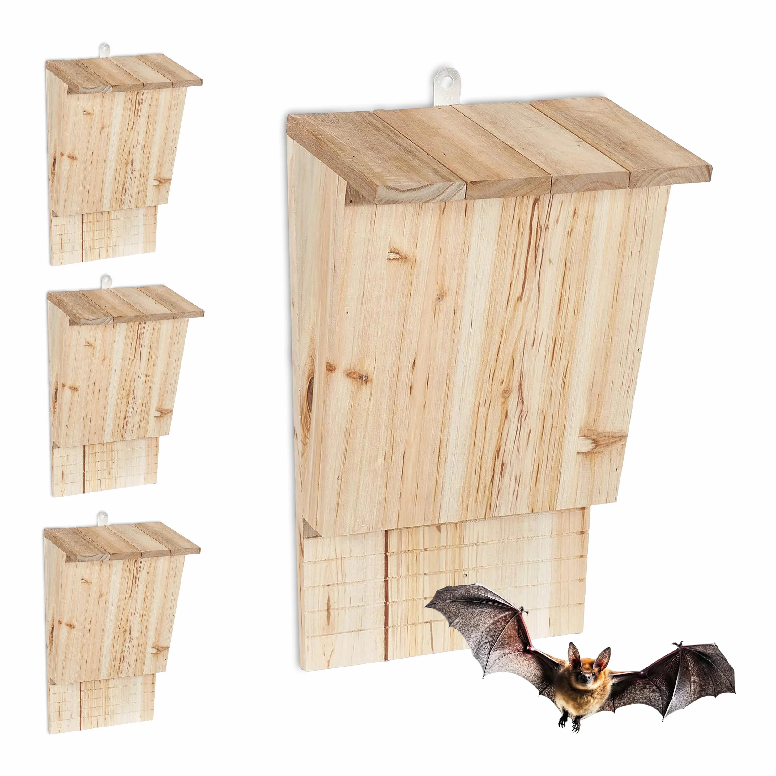 Relaxdays Set de 4 abris à Chauves-Souris en Bois Brut 34 x 22,5 x 13 cm