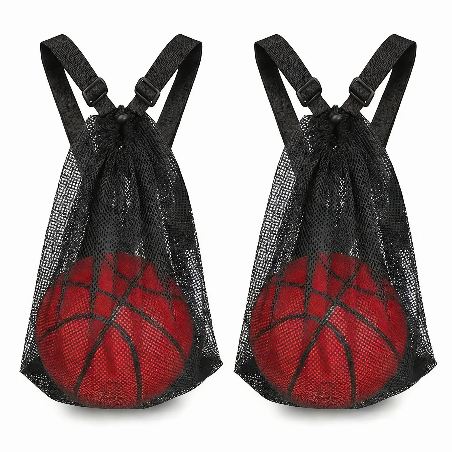 Lot de 2 sacs en maille filet pour ballon de basketball - 48 x 37 cm - Sac de gym avec cordon de serrage - Sac de basketball à suspendre - Sac de plage - Sac à dos en maille - Portable