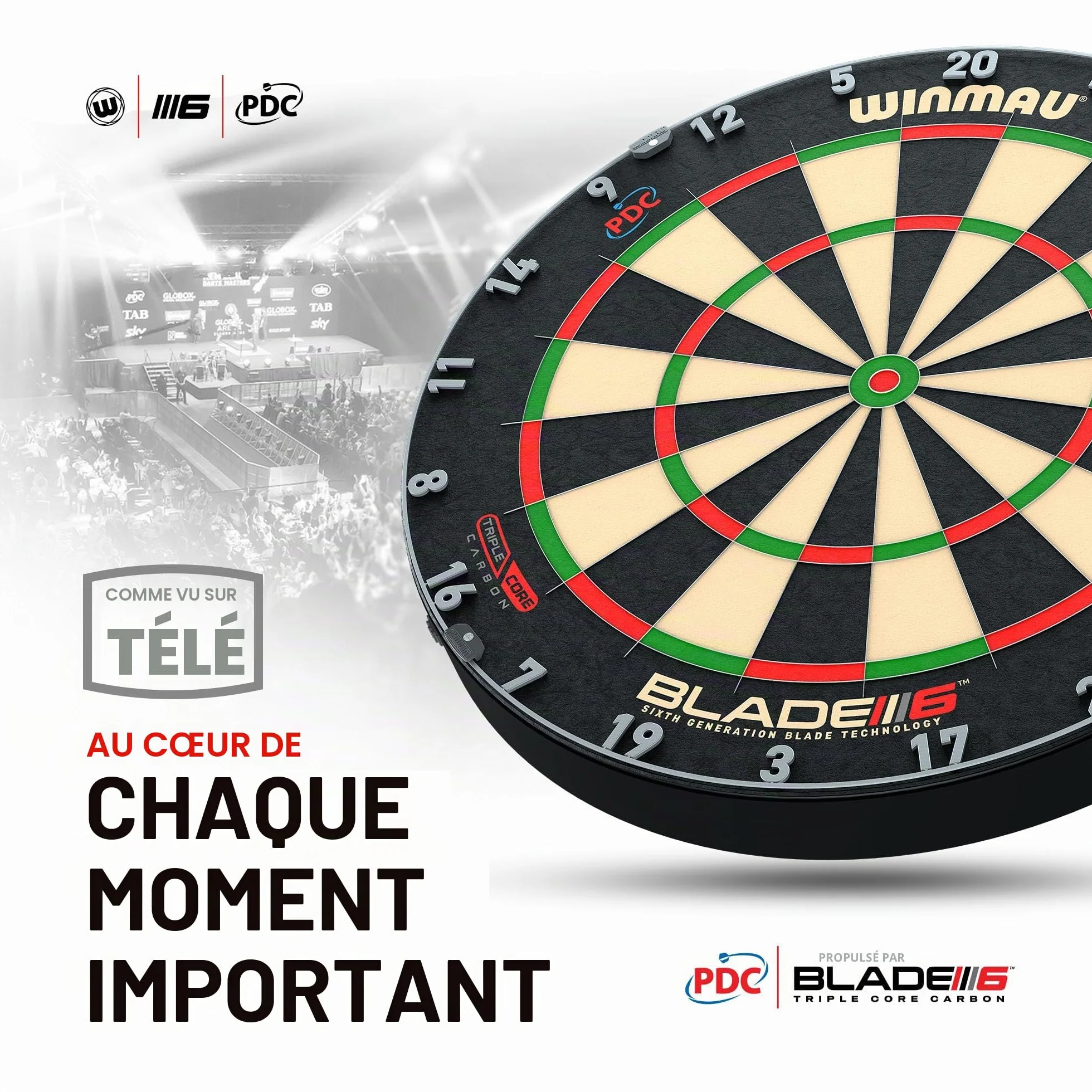 Winmau Blade 6 Triple Core - Cible de Fléchettes Professionnelle Sisal pour Pointes Acier - Dartboard Tournoi PDC à Câblage Ultra-Fin Anti-Rebonds - Standard Officiel Compétition