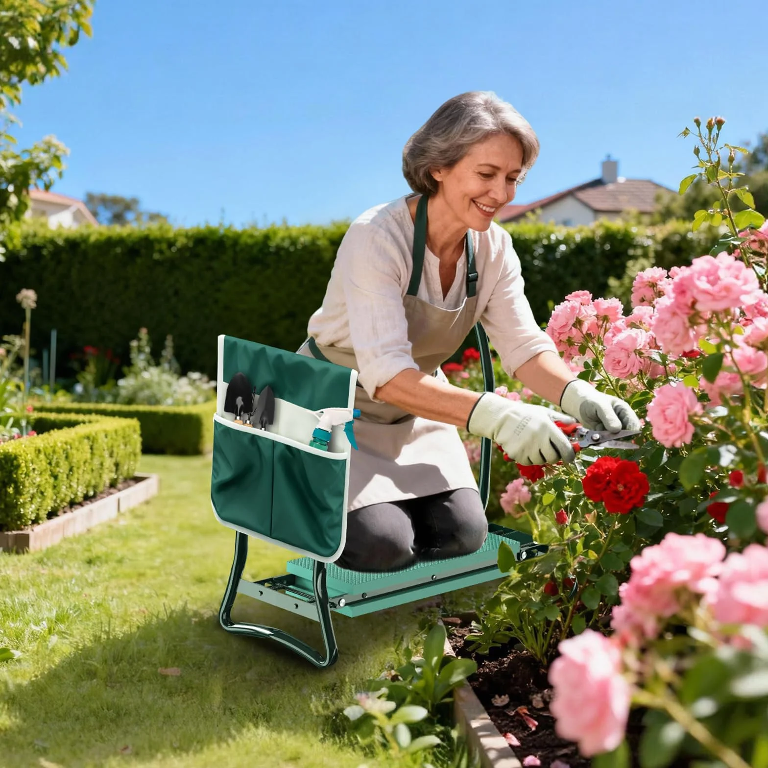 WilTec Tabouret de Jardinier 2 en 1 Pliable 600x280x490 mm 150 kg Fer EVA Agenouilloir Jardinage avec Poche