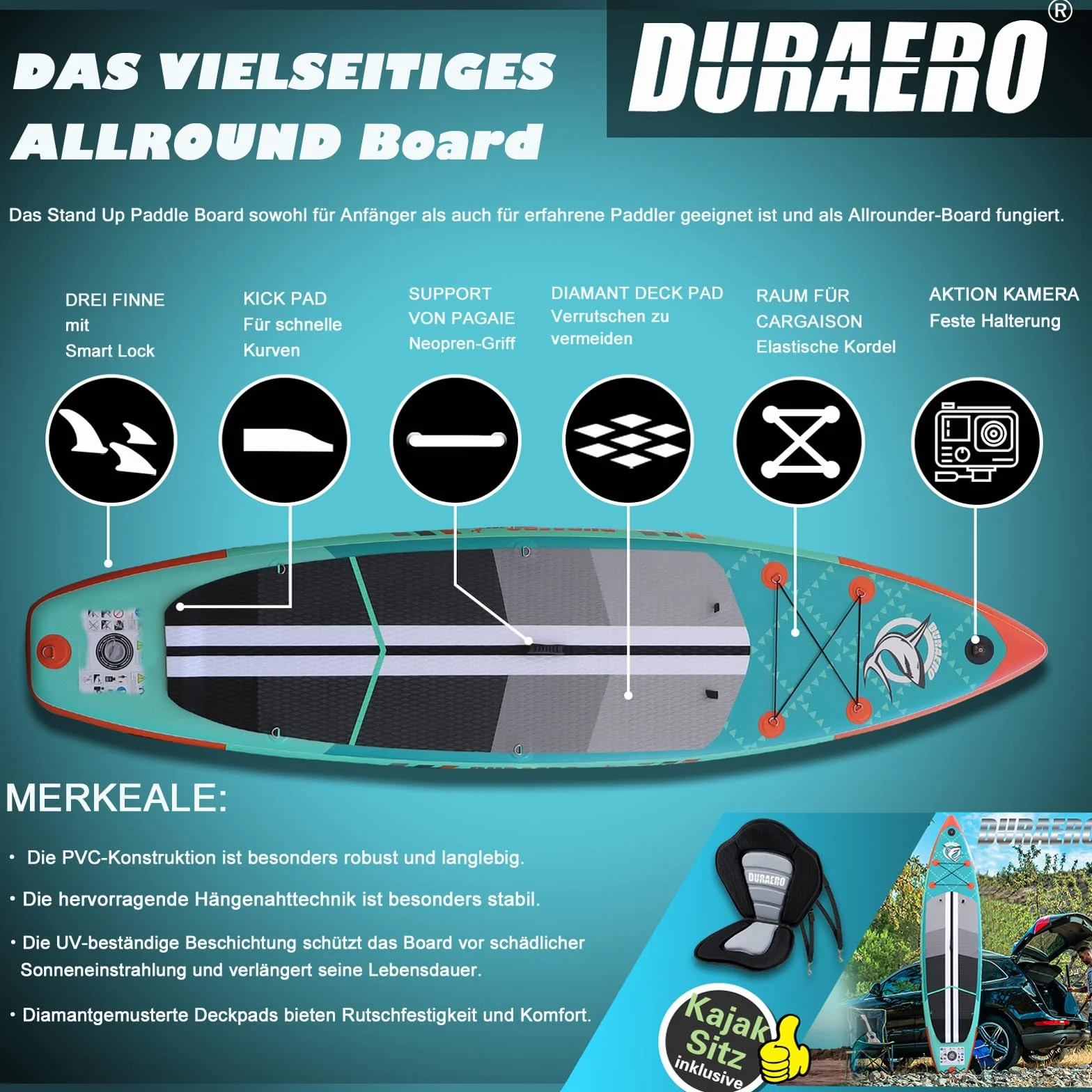 Stand up Paddle Gonflable Planches gonflables, siège Kayak,330 x 76 x 15 cm, jusqu'à 150 kg, Support GO-Pro, Pad intégré, 3 Ailes, Double pagaie réglable, Accessoires complets, Vert Menthe