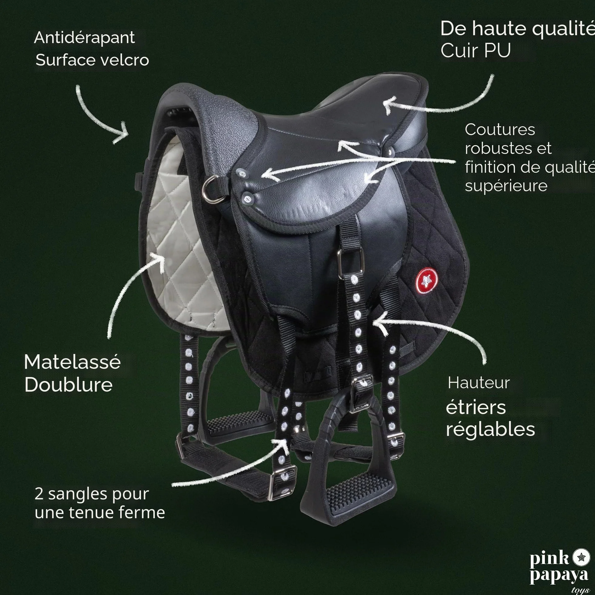 Pink Papaya Shetty Selle pour enfants avec étriers pour chevaux en bois et chevaux de jeu