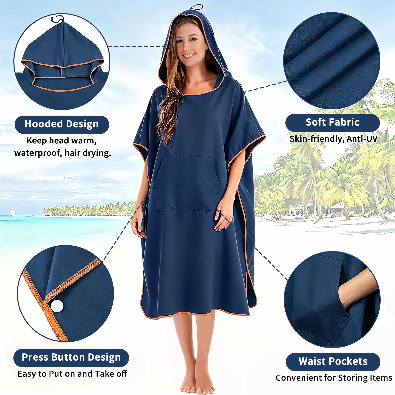 Poncho de Bain Adulte, Poncho de Plage Femme Homme, Serviette de Plage pour se Changer avec Capuche, Serviette Microfibre Plage, Peignoir de Bain pour Camping, Surf, Natation, Plongée