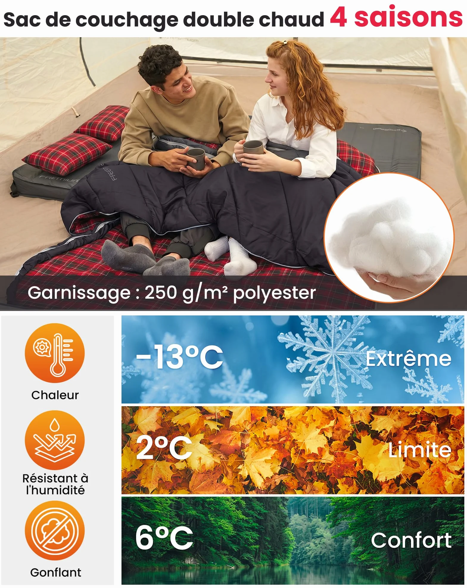 KingCamp Sac de Couchage Double en Flanelle de Coton pour 2 Personnes - Chaud pour l'hiver, 3-4 Saisons, avec 2 oreillers - Idéal pour Le Camping, Voyages et activités Plein air