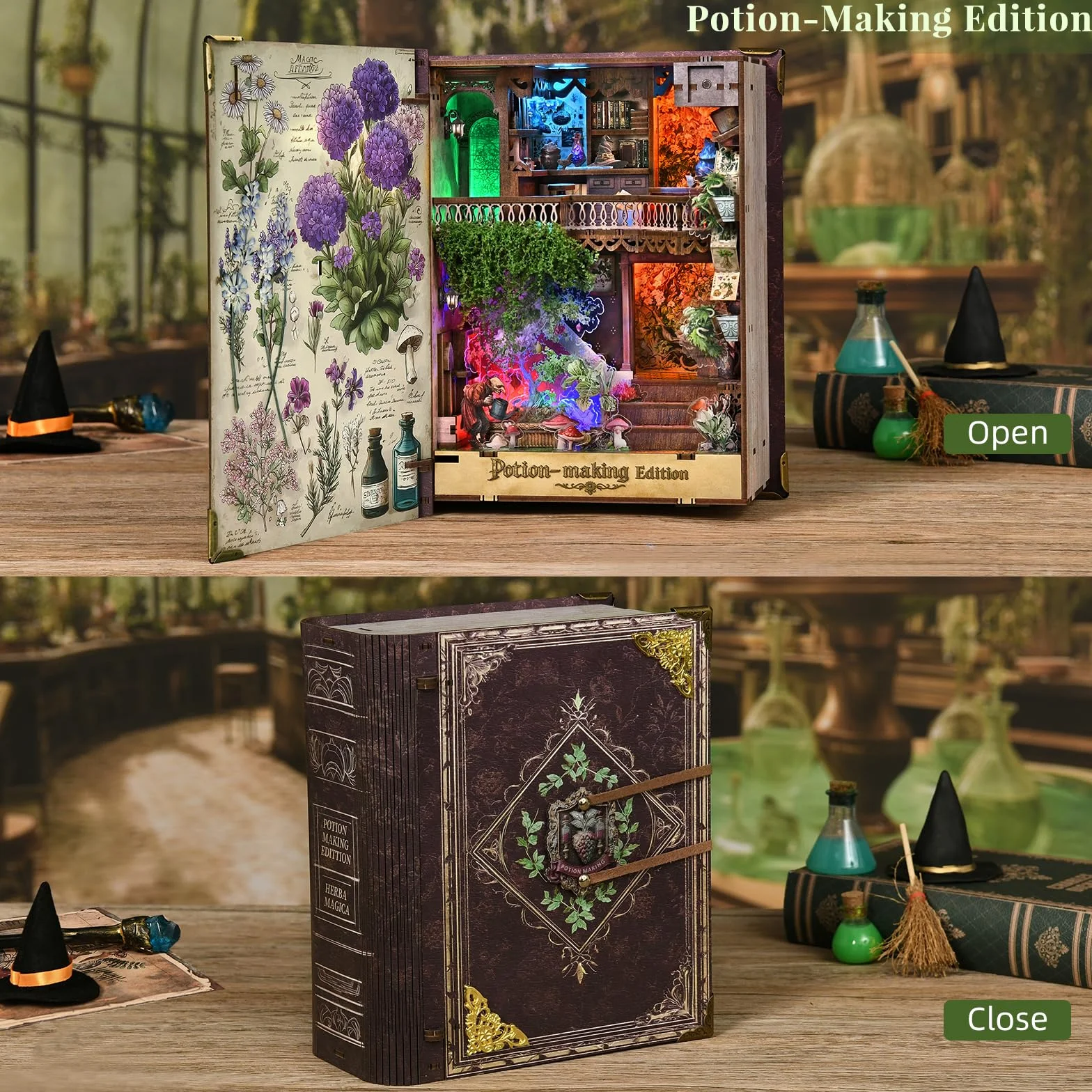 MiniCity Kit Book Nook Puzzle miniature en bois avec lumières LED 3D Maison de poupée Serre-livres Cadeaux créatifs édition Potion-Making
