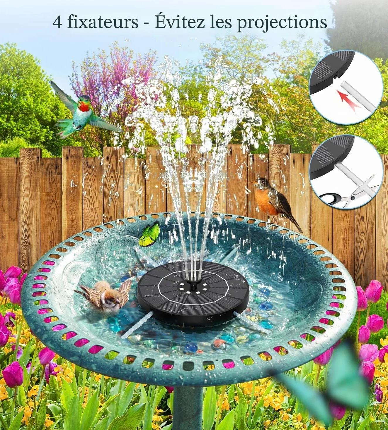 Fontaine Solaire Exterieure de Jardin 3.5W LEDs Colorées 2200mAh Batterie Pompe Solaire Bassin 8 Buses pour Bain d'oiseaux