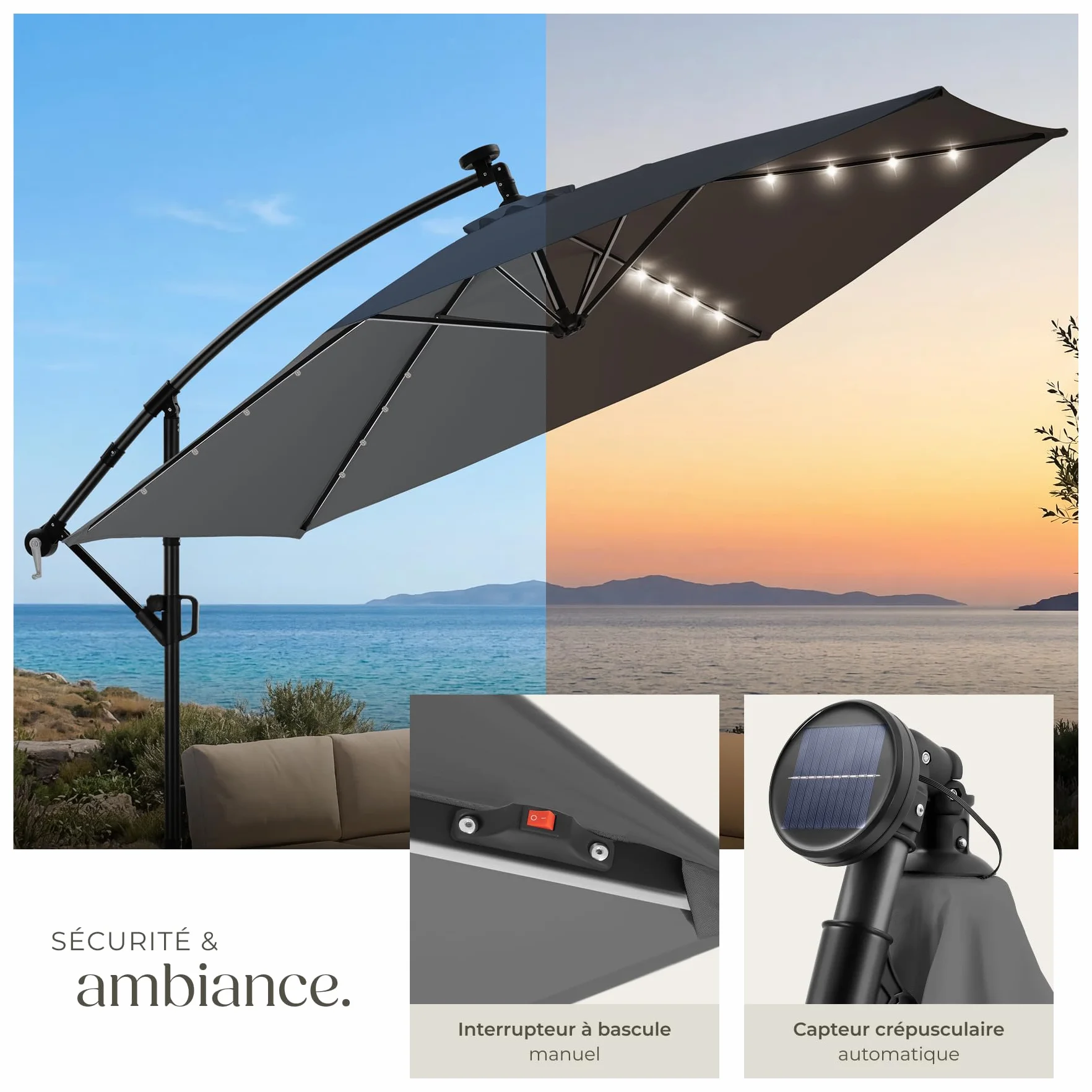 Tectake Parasol déporté 3,5 x 3,5 m avec Éclairage LED Pivotant 360° Inclinable UV 50+ Panneau solaire Jardin Terrasse