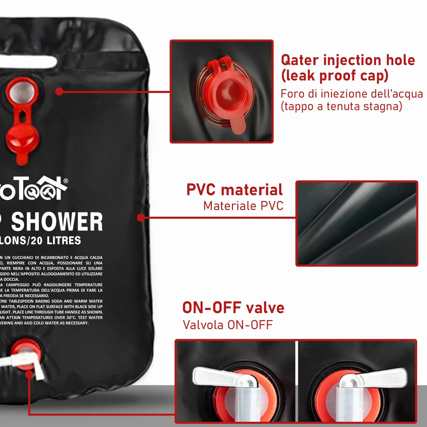 Douche Solaire Portable 20L – Sac de Douche Camping Chauffant avec Flexible et Pommeau Amovible – Chauffe Eau Solaire Extérieur 45°C – Douche de Camping pour Randonnée, Plage, Piscine & Van