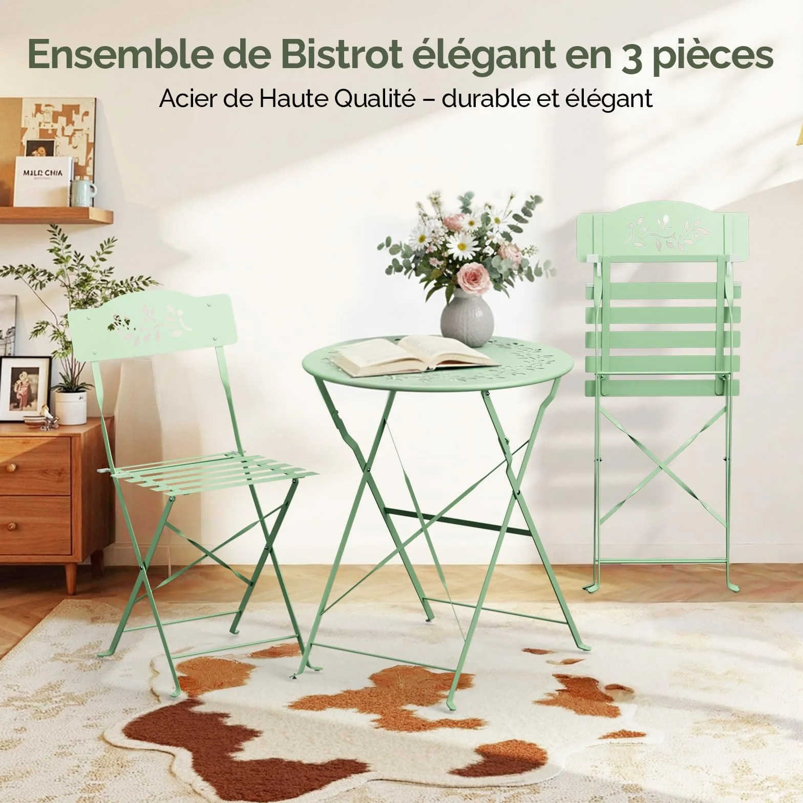 Bonnlo Set de Bistrot Pliant 3 Pièces Table et Chaise de Jardin Exterieur Vert Clair