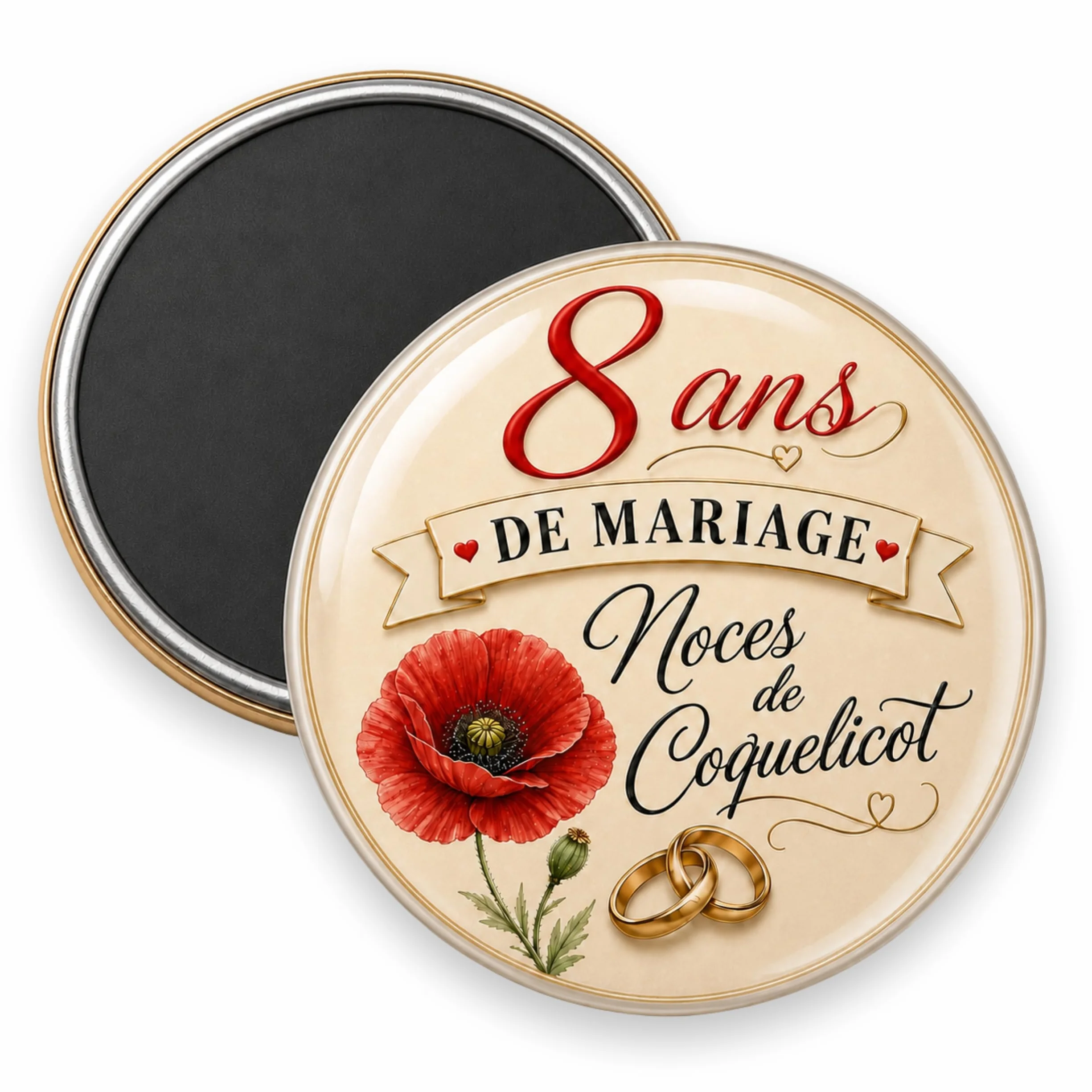 Magnet Aimant Noces de Coquelicot 8 Ans de Mariage 3,8 cm Métal Plastique