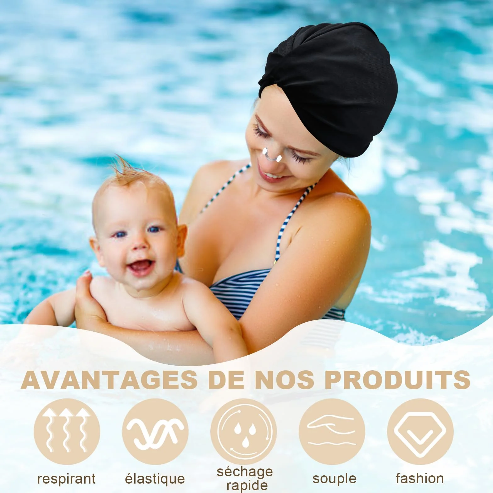Bonnet de Bain Piscine Femme Tissu Extensible Cheveux Long Adulte