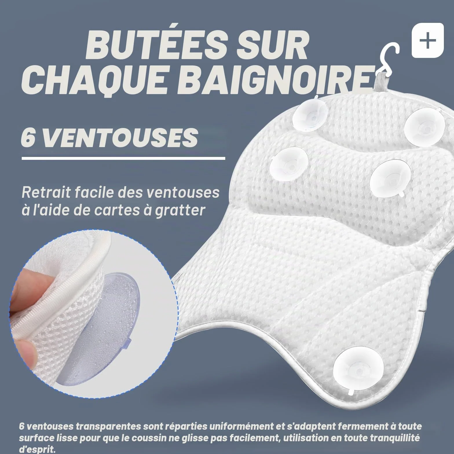 Oreiller de Bain Ergonomique 4D avec Ventouses Antidérapantes, Coussin de Baignoire Amovible, Repose-Tête, Accessoires de Bain Spa Blanc