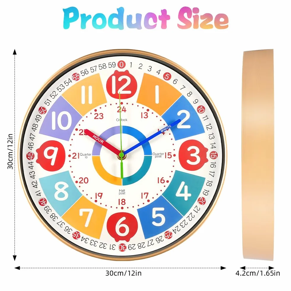 Vicloon Horloge Murale Enfants 30cm Apprentissage sans Tic-Tac Analogique Lire L'heure