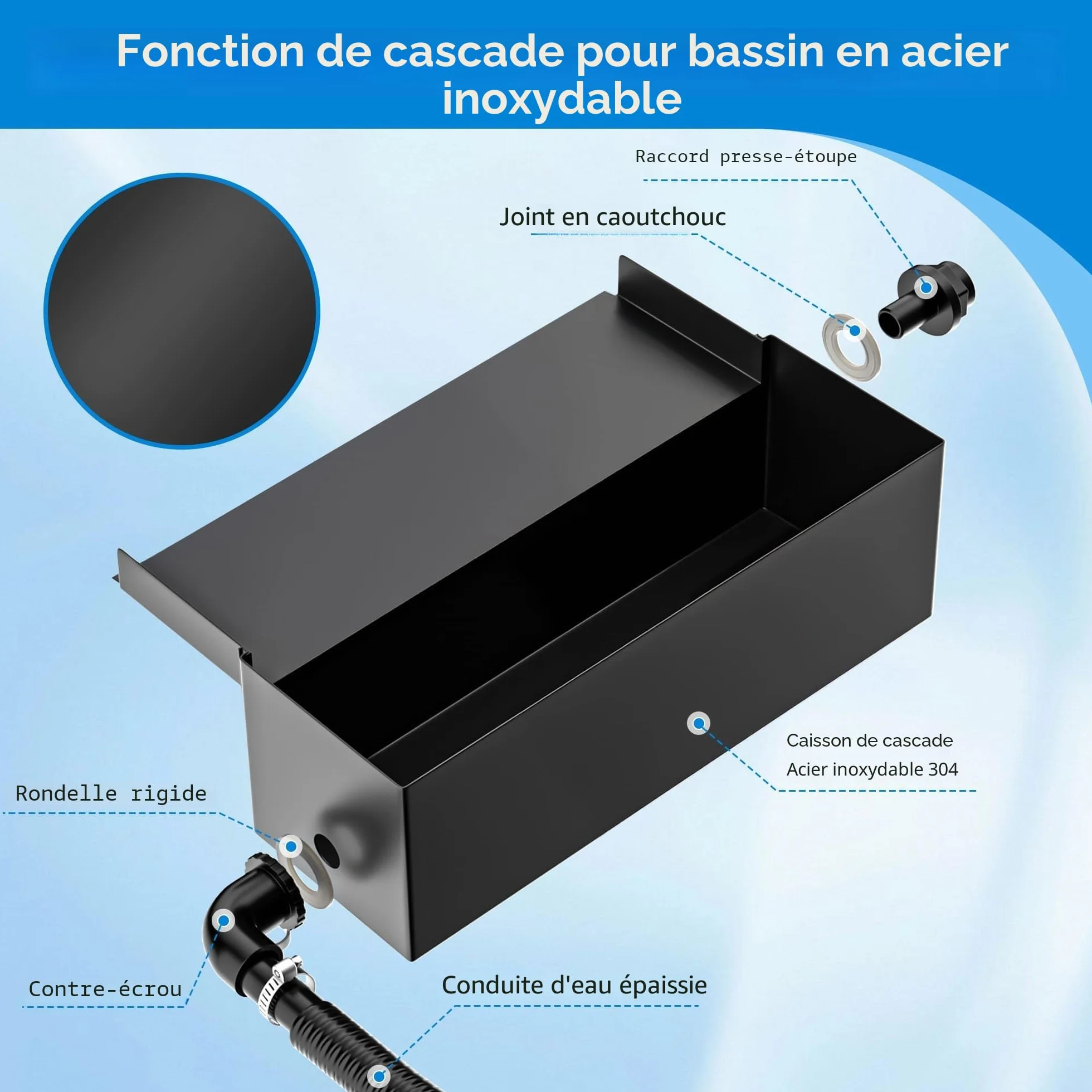 Biling Kit cascade solaire bassin jardin acier inoxydable 20 cm pompe 2100 l/h