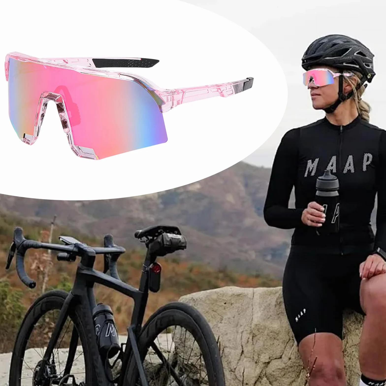 Lunette De Vitesse, Lunette Vitesse De Sport pour Femme Homme, Road Bike Glasses pour Velo Cyclisme Moto Conduite Baseball Alpinisme Running Pêche UV400 Protection, Rose