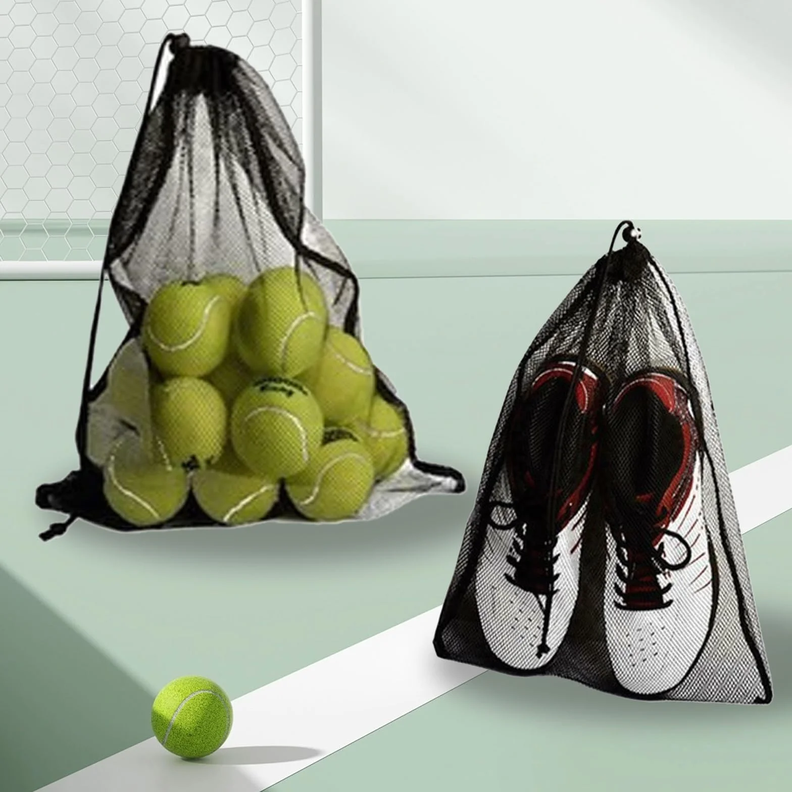 Lot de 4 Sac Noir Solide en Maille Filet,Sacs à Cordon en Maille,Sacs de Rangement à Cordon,Grand Organiseur de Plage,Sac en Nylon Léger,pour Voyages,Maquillage,Sport,Articles de Plage