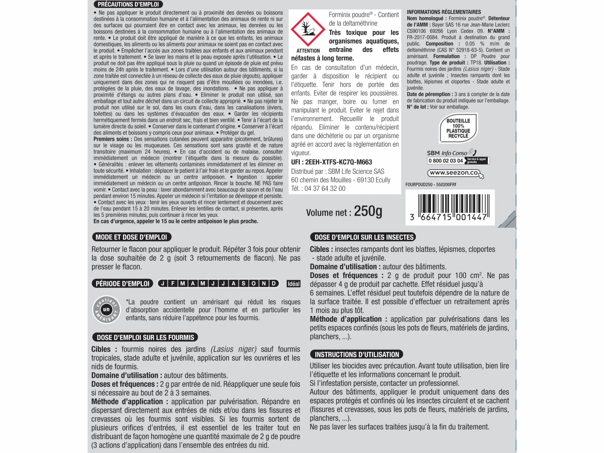 Protect Expert Poudre Anti-Fourmis Insecticide 250g Traite jusqu'à 75m2 Action Choc Longue Durée