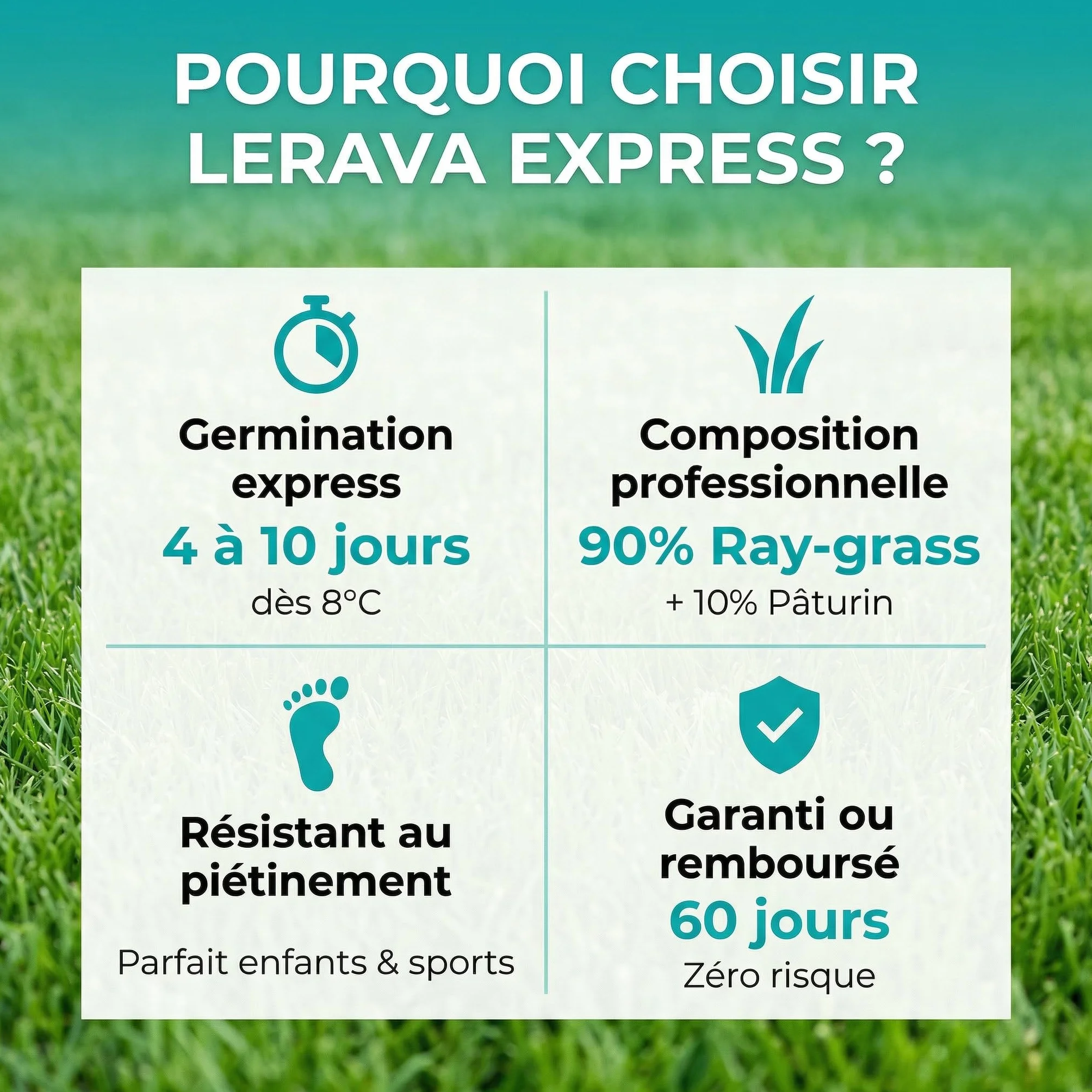 LERAVA Gazon à Semer EXPRESS 30m² Graines de Gazon Regarnissage Rapide Rustique Semence Gazon Ray Grass Résistante Pelouse Dense Jardin Sport Jeux