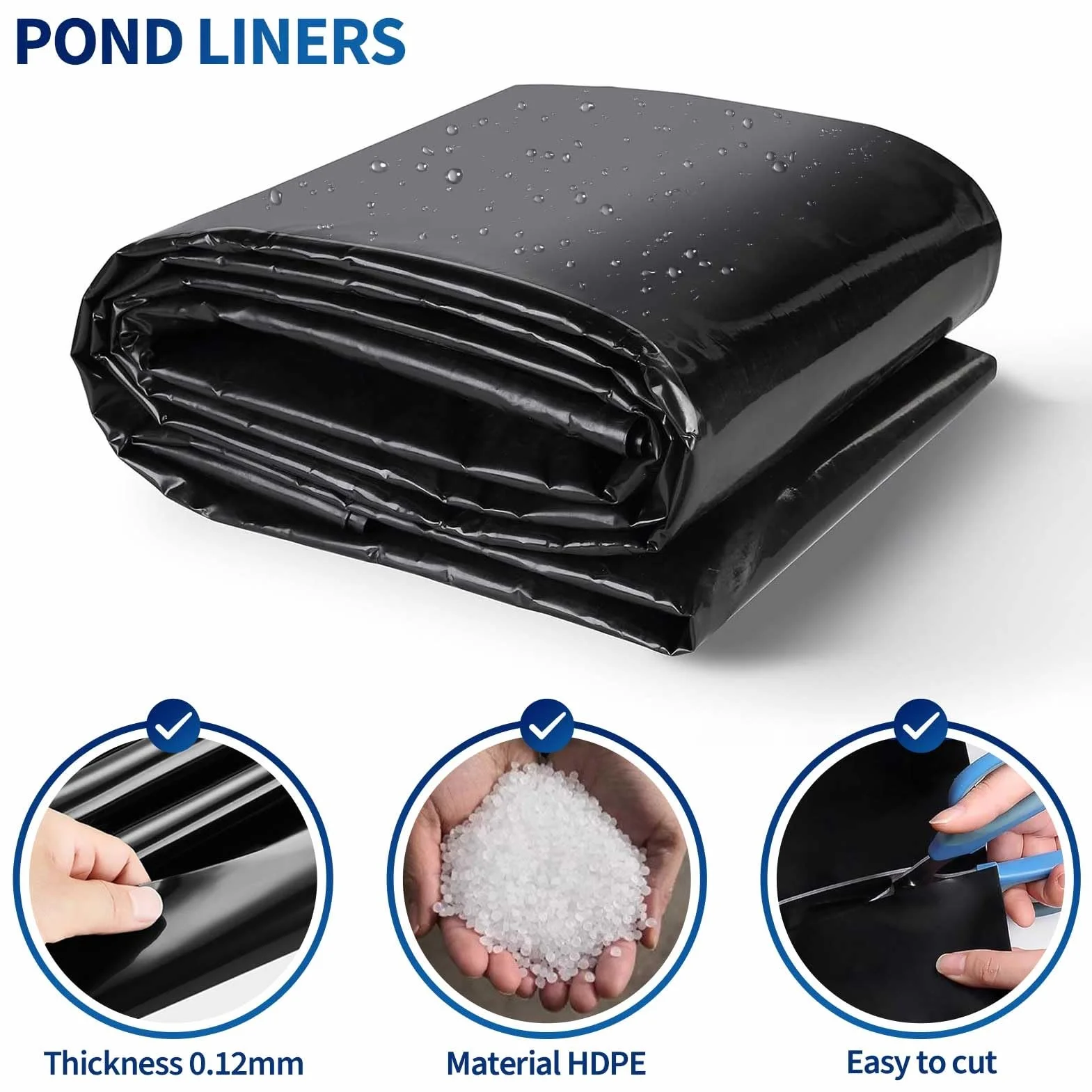 Bâche HDPE Revêtement de Bassin Noir 5x8m 6x10m 8x12m 10x15m Anti-Humidité Jardin Aquatique