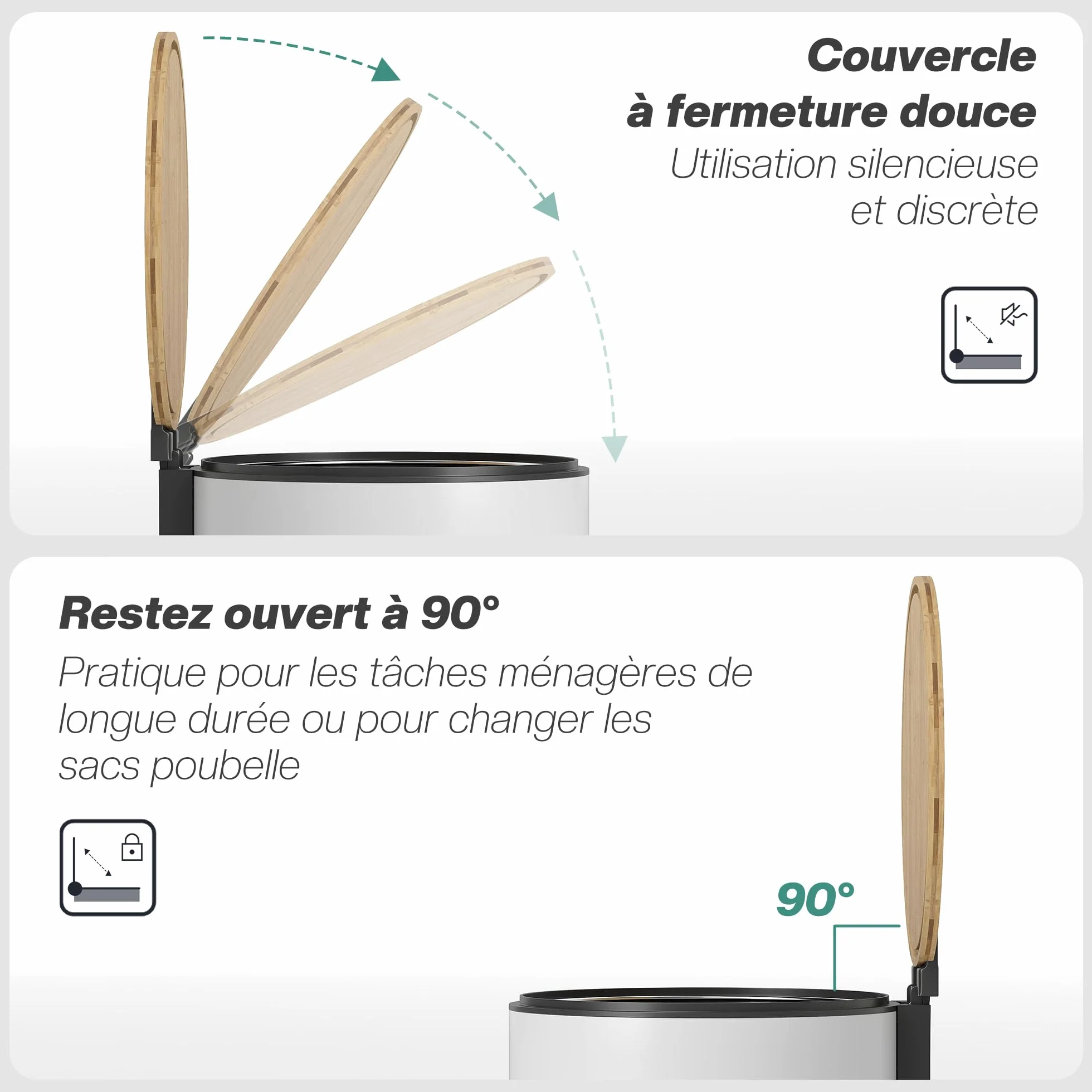 HOMCOM Poubelle Cuisine 30L Poubelle à Pédale Métal Seau Intérieur Amovible Couvercle Bambou Fermeture Douce Blanc