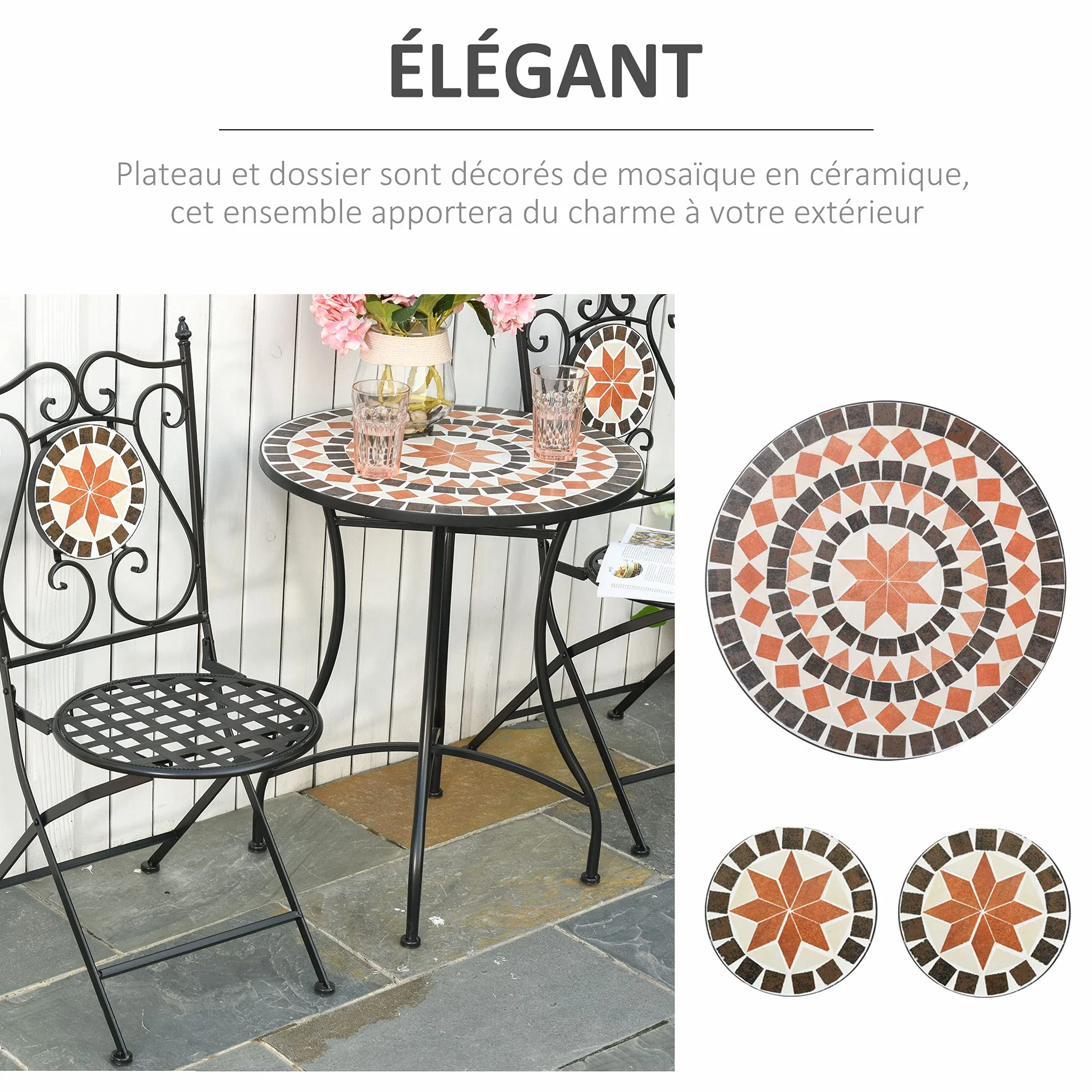 Outsunny Ensemble Bistro 2 Places 3 pièces Fer forgé Mosaïque céramique Motif Rose des Vents Chaises Pliables métal époxy Noir