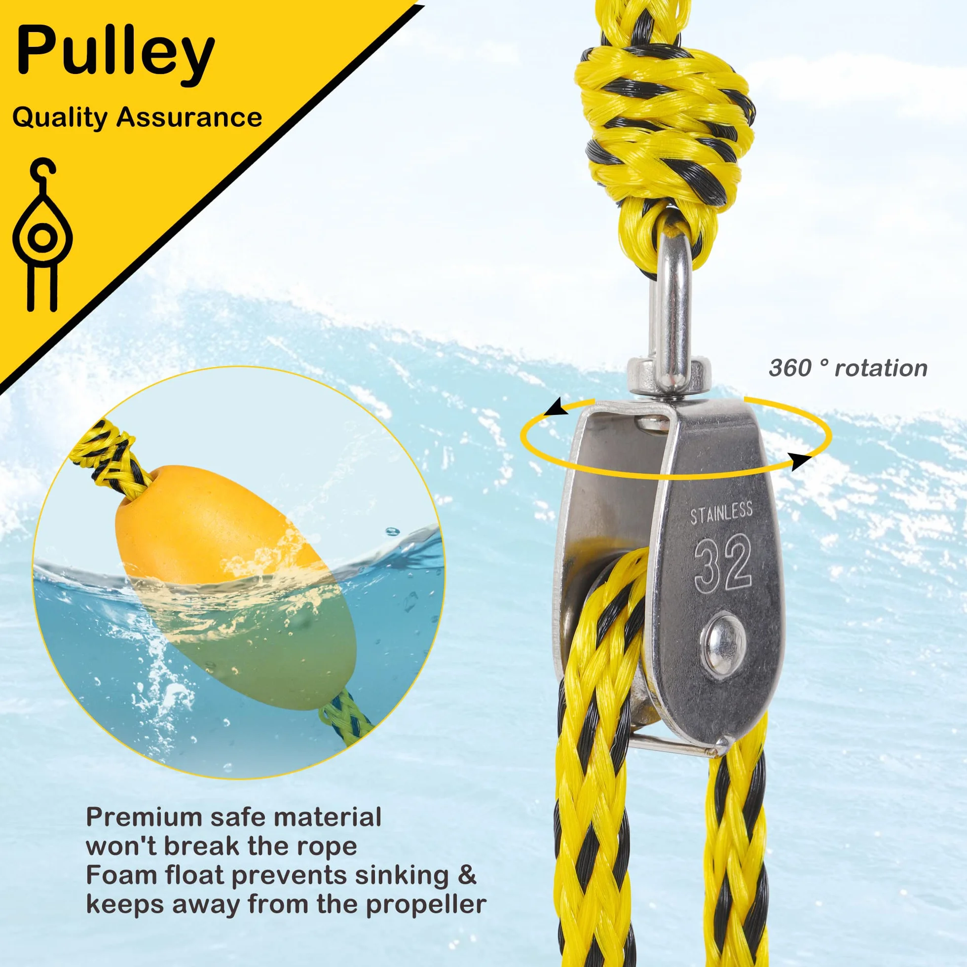 Harnais de Traction pour Bateau pour tubing, capacité de 5000lbs, poulie pivotante à 360°, Design Flottant, Crochets en Acier Inoxydable 304 (1,1 po), 17ft et 24ft