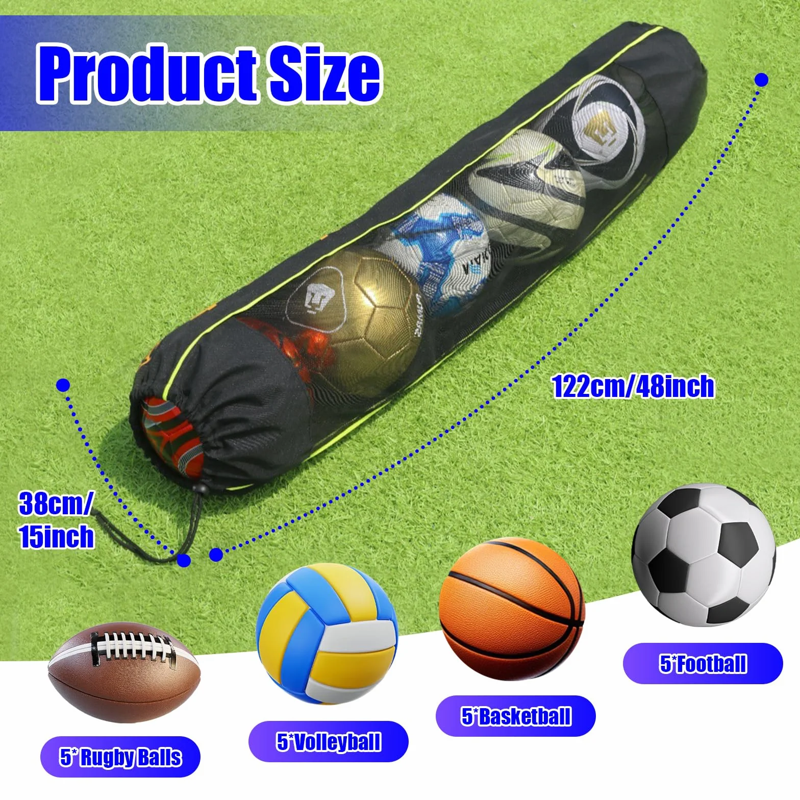 122x38cm Sac à Ballons, Sac de Football Long en Filet en Polyester pour 5 Balles, pour Ballon de Basket, Volley-Ball, Football, Rugby (Noir)