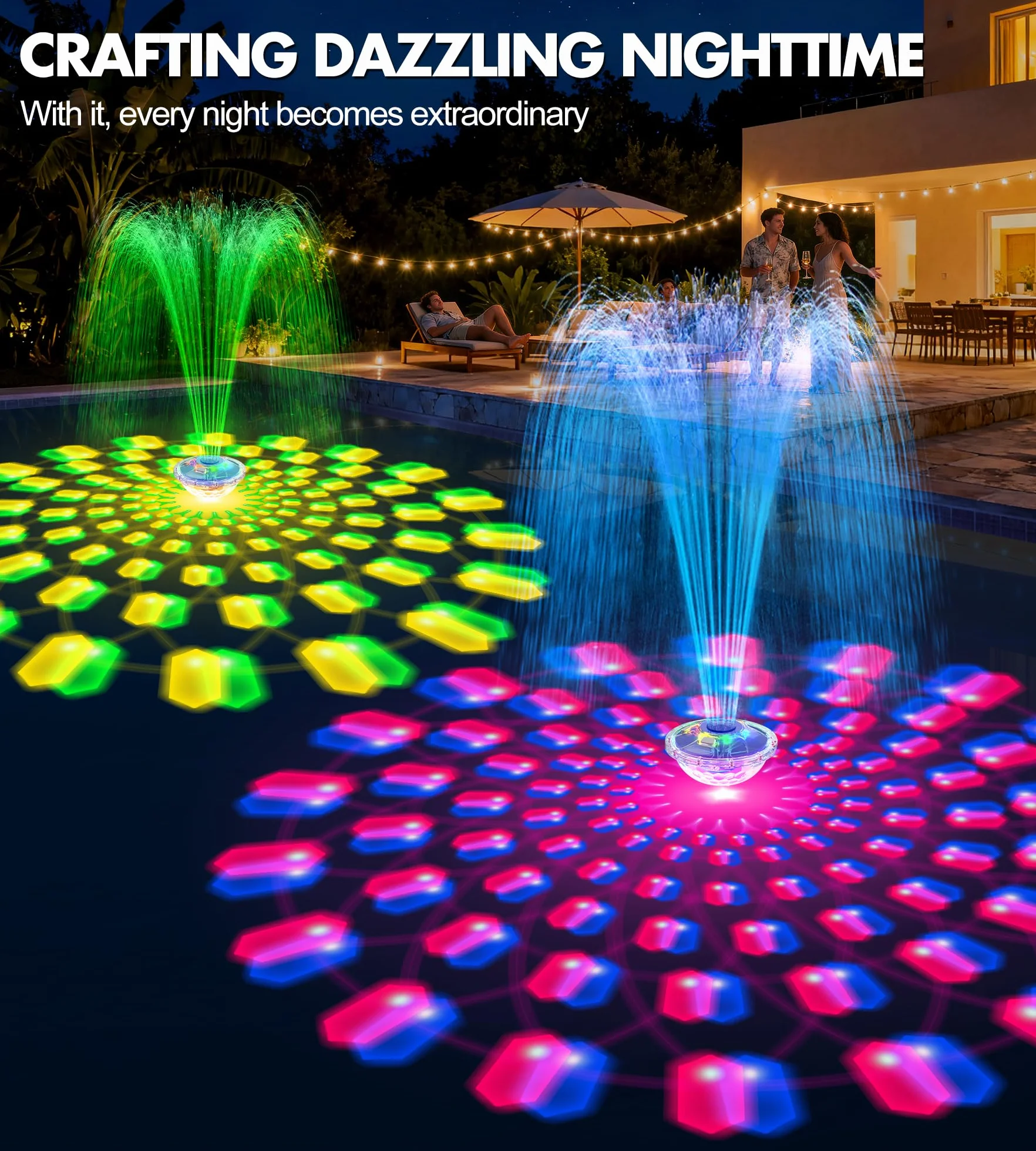 Fontaine Flottante Piscine avec Spectacle Lumineux 8000mAh 2 Modes Pulvérisation Jet Eau 130cm