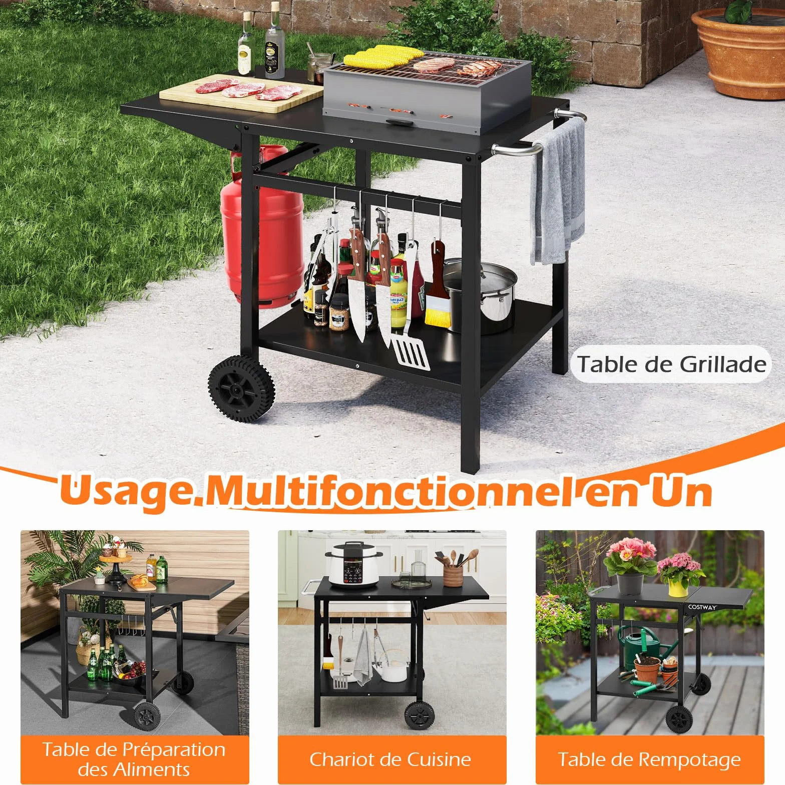GOPLUS Desserte Jardin Chariot Barbecue avec 2 Roues, Plateau Pliant, 96,5x64x75cm, Noir