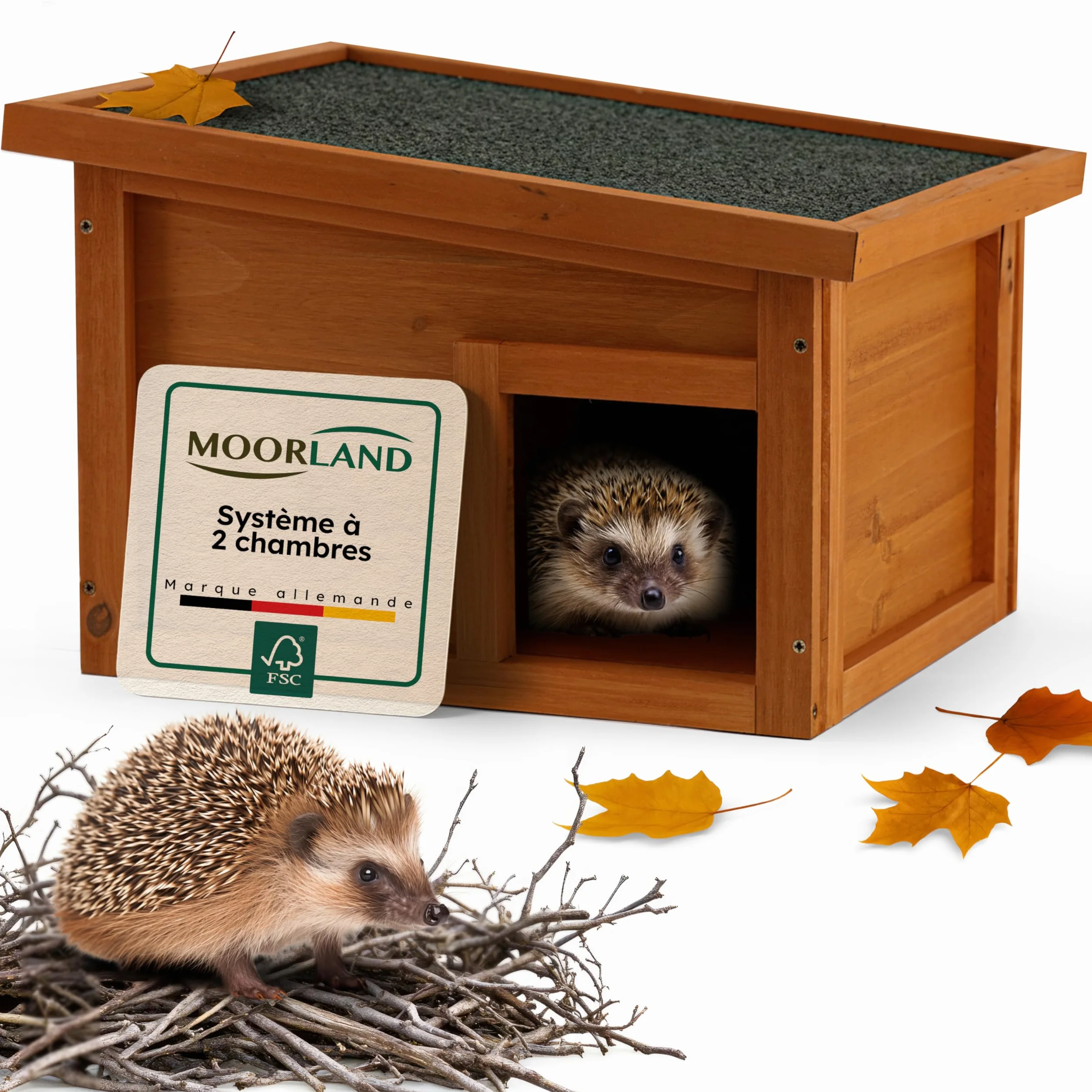 Moorland Cabane pour Hérissons en Bois FSC 40×34 cm – Maison Herisson Extérieur avec Toit Étanche & Amovible, Entrée Labyrinthe Ventilée – Modèle IH1