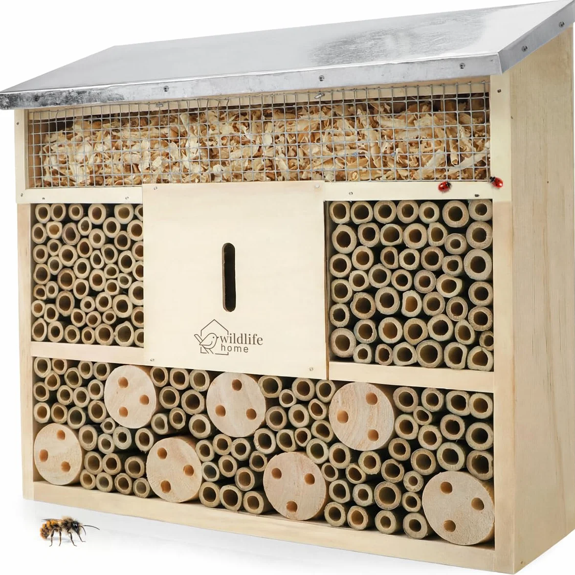 Hôtel à insectes WILDLIFE HOME avec toit en métal, bois massif non traité pour abeilles, coccinelles et chrysopes
