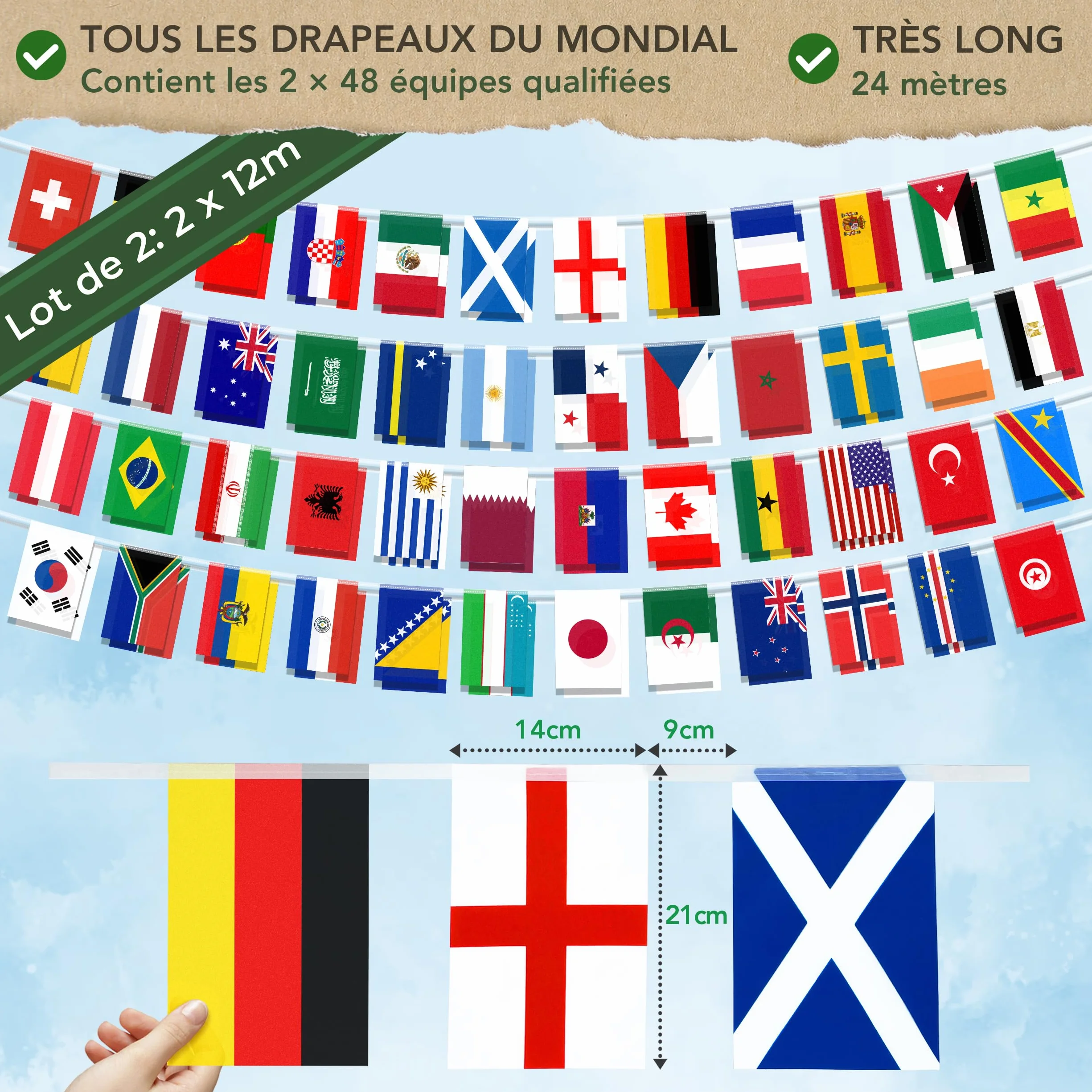 Lot de 2 fanions réutilisables de qualité supérieure pour la coupe du monde de football 2026 – Décorations de la coupe du monde de football 2026 – Vu à la télévision, bannière en polyester de qualité