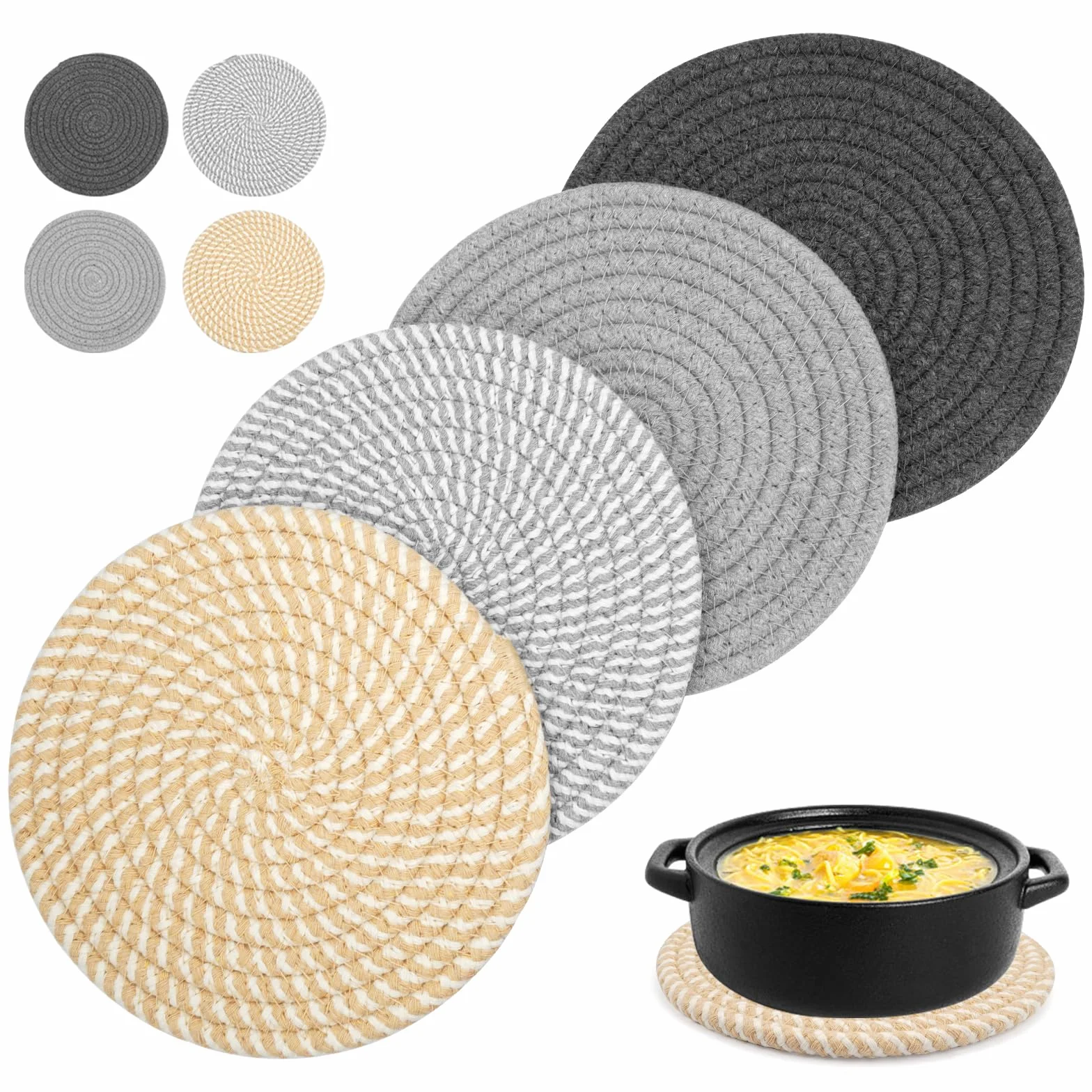 Lot de 4 Dessous de Plats Résistants à la Chaleur 18 cm en Coton Tissé Ronds