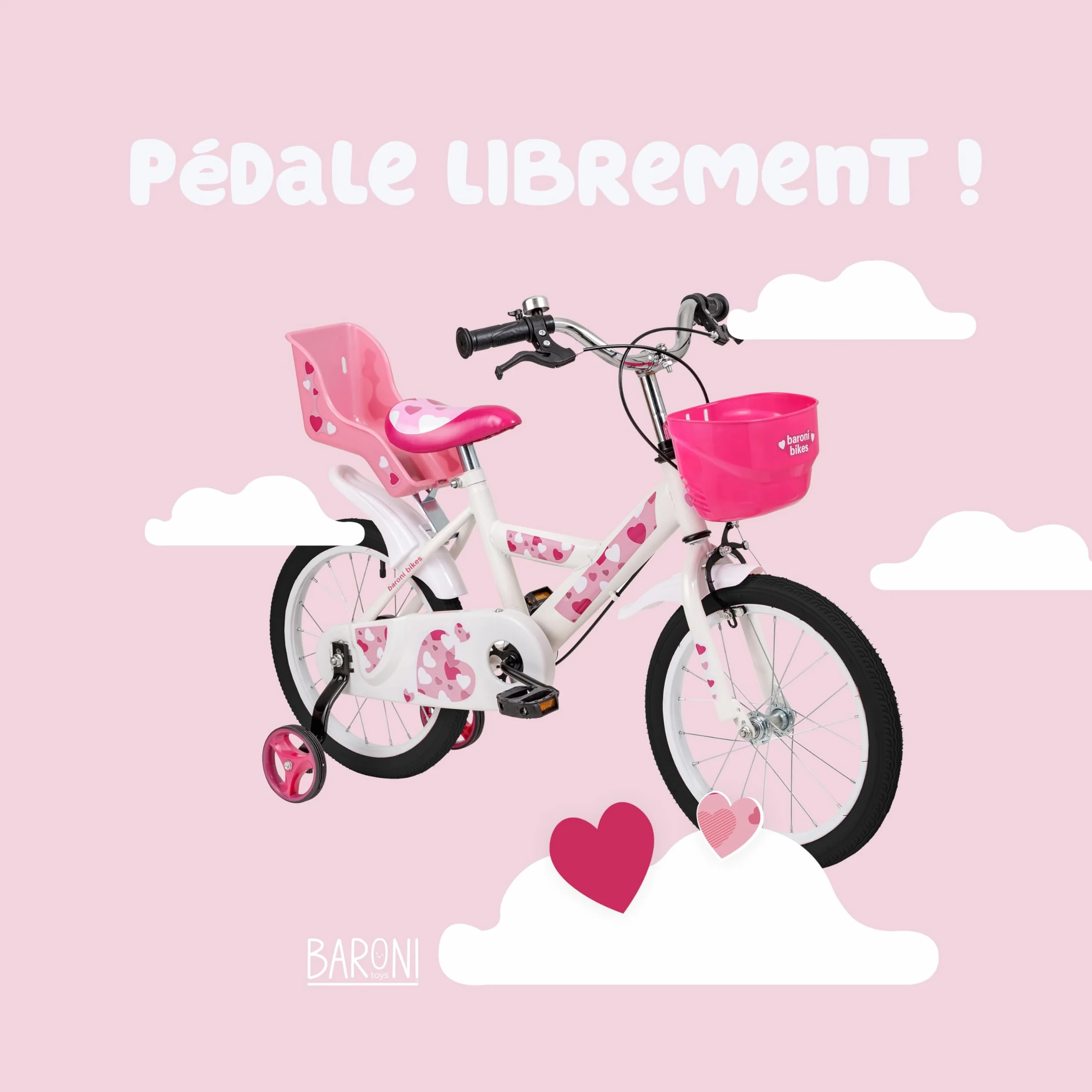 Baroni Toys Bicyclette pour Filles, Rose avec cœurs, vélo Design avec Porte-Bagages et Roues incluses, Bicyclette en Acier avec Panier pour Filles, Rose, cœurs, Taille 12", 14" et 16"
