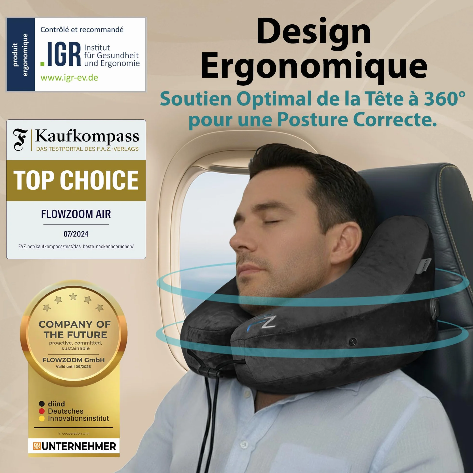 FLOWZOOM Air Oreiller de Voyage Gonflable pour Avion Voiture, Coussin Cervical Réglable 5 Positions Sommeil, Taille L Noir