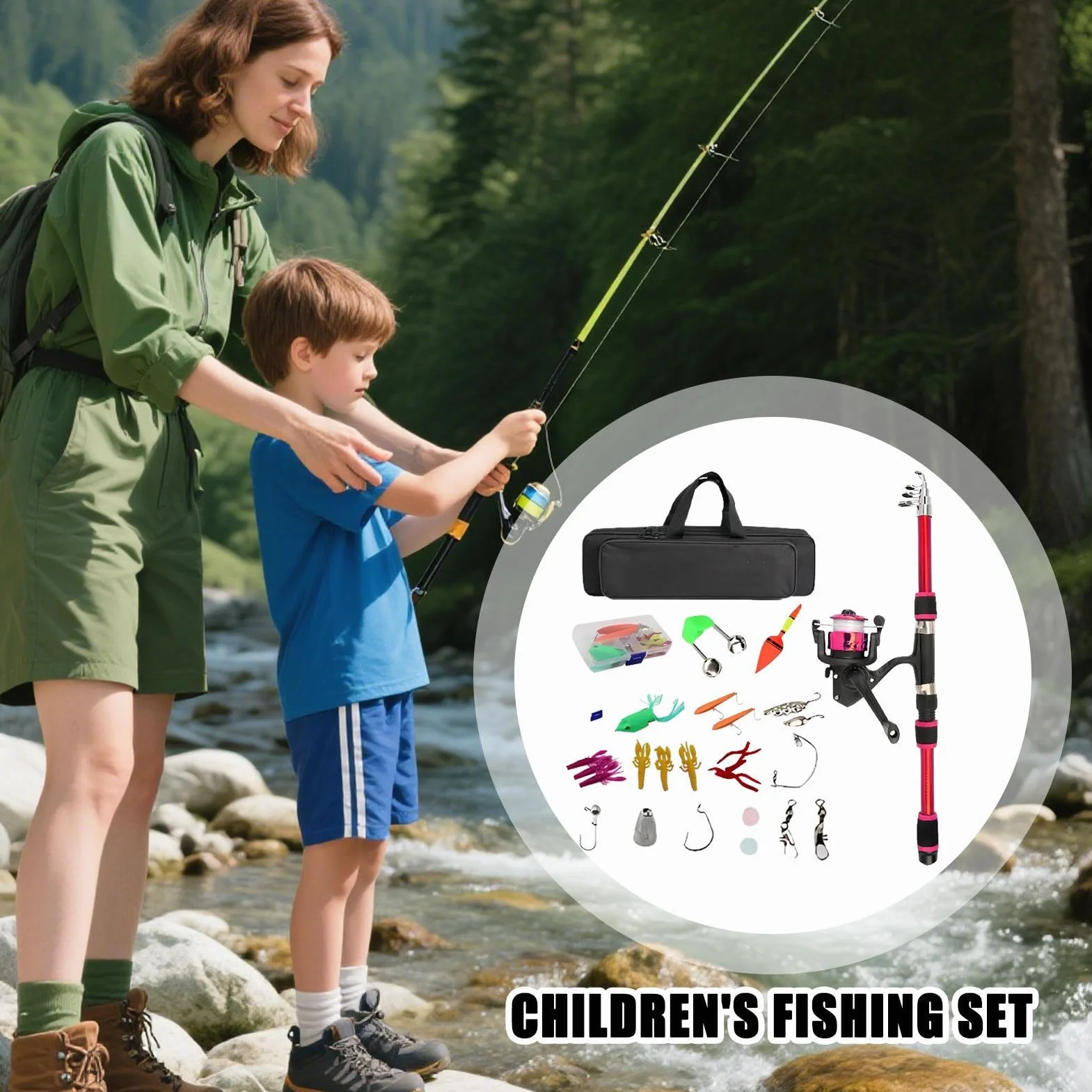 Canne À Pêche Enfant Kit Débutant pour Lancer Eau Salée et Douce
