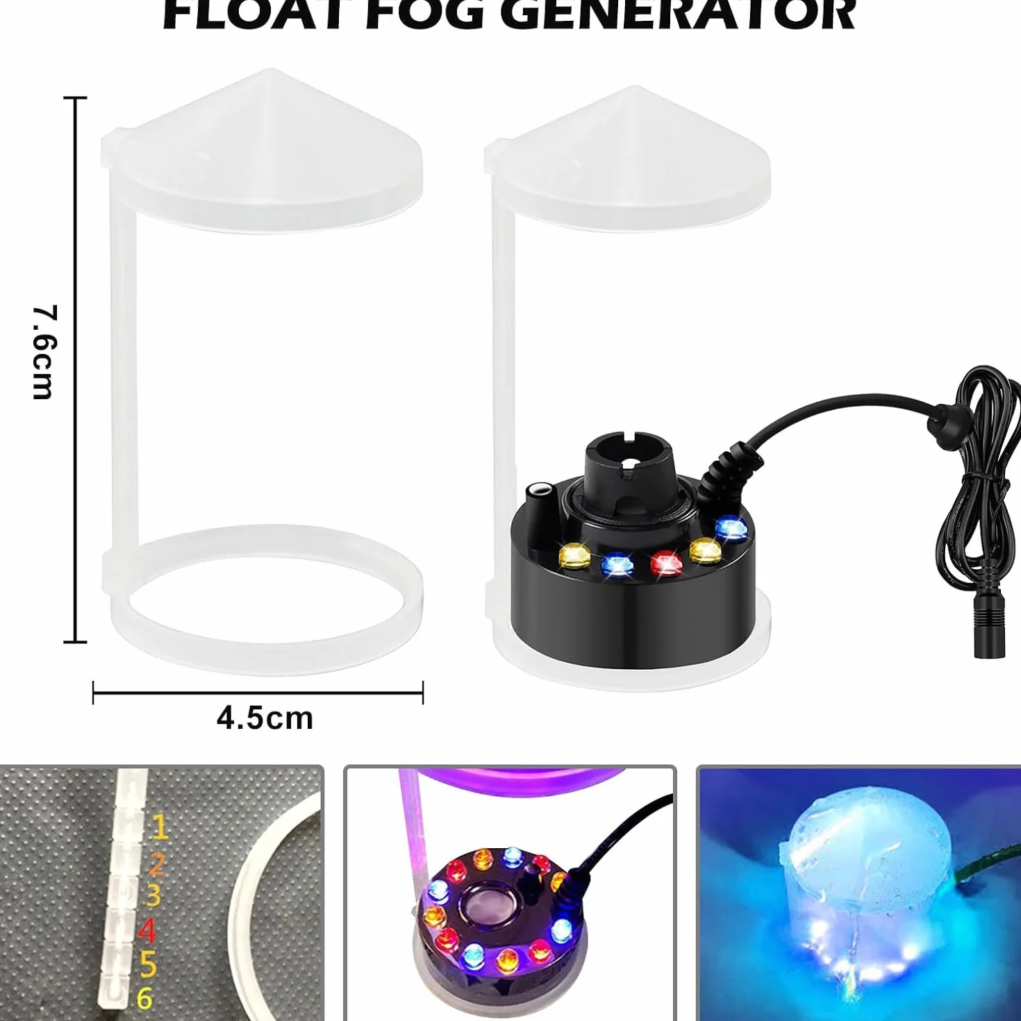 Brumisateur à Ultrasons 12 LED Lumières Colorées Anti-éclaboussures Amovible pour Fontaine Étang Noir
