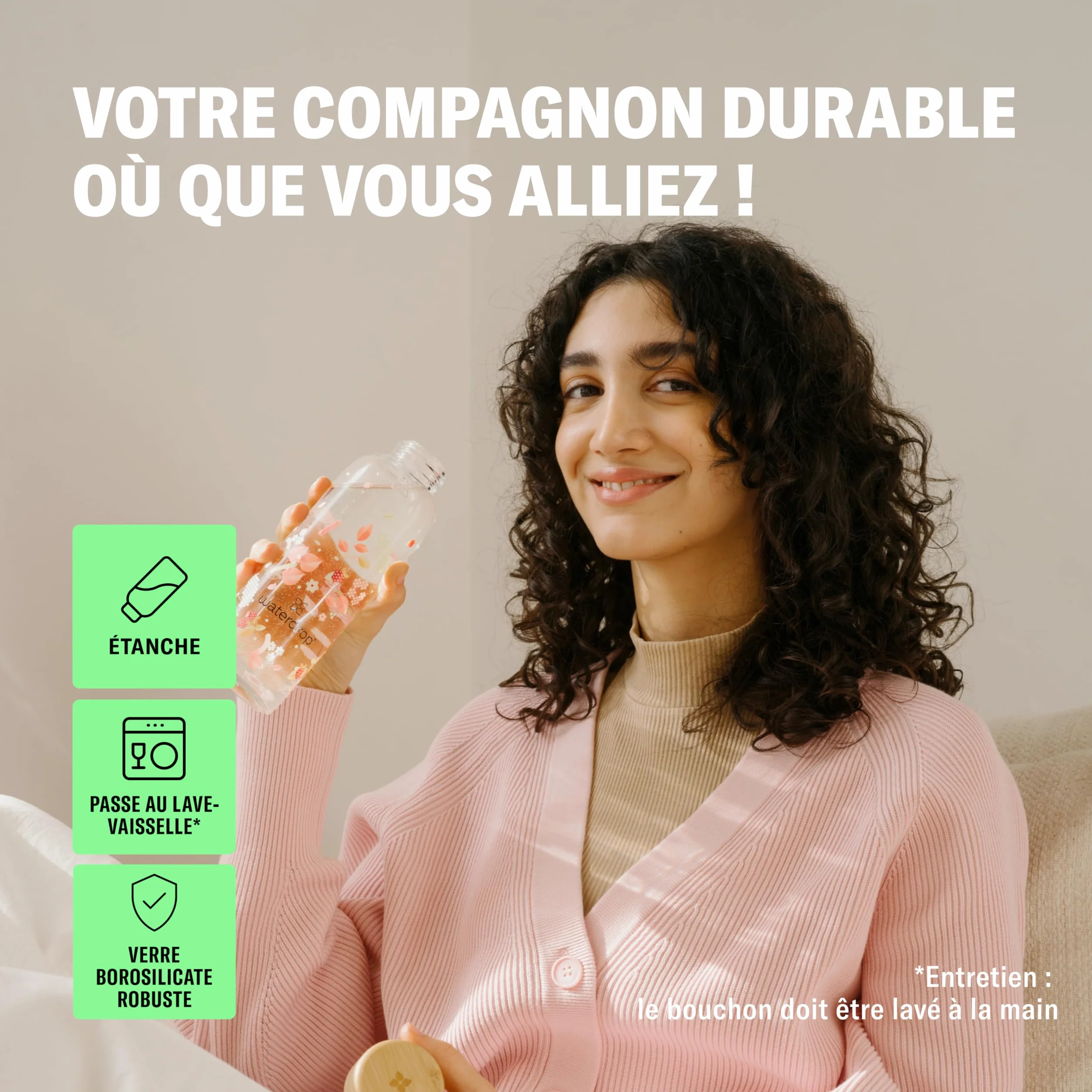 waterdrop® Bouteille en Verre 600ml – Gourde Réutilisable en Verre Borosilicate avec Bouchon Bambou et Housse, Sans BPA, Étanche, Idéale pour Maison, Bureau, Sport, Voyage