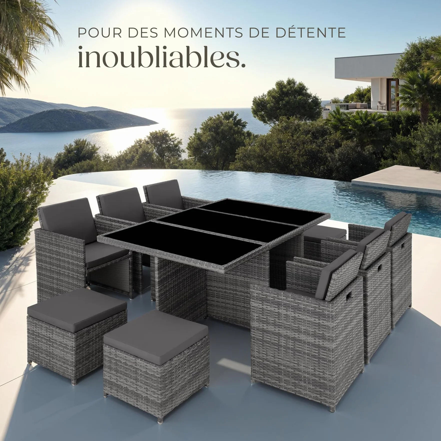 Tectake Salon de Jardin Résine Tressée Poly Rotin Table 10 Personnes Fauteuil Aluminium Encastrable Gris avec Housses