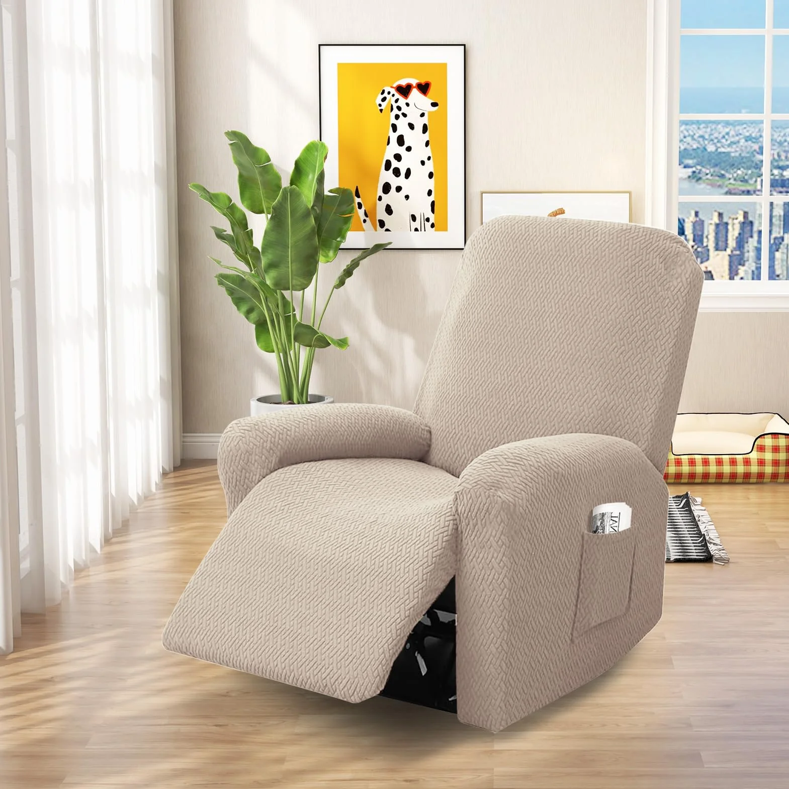 Housse Fauteuil Relax 1 Place Extensible avec Poches Jacquard Rayé Taupe 4 Pièces