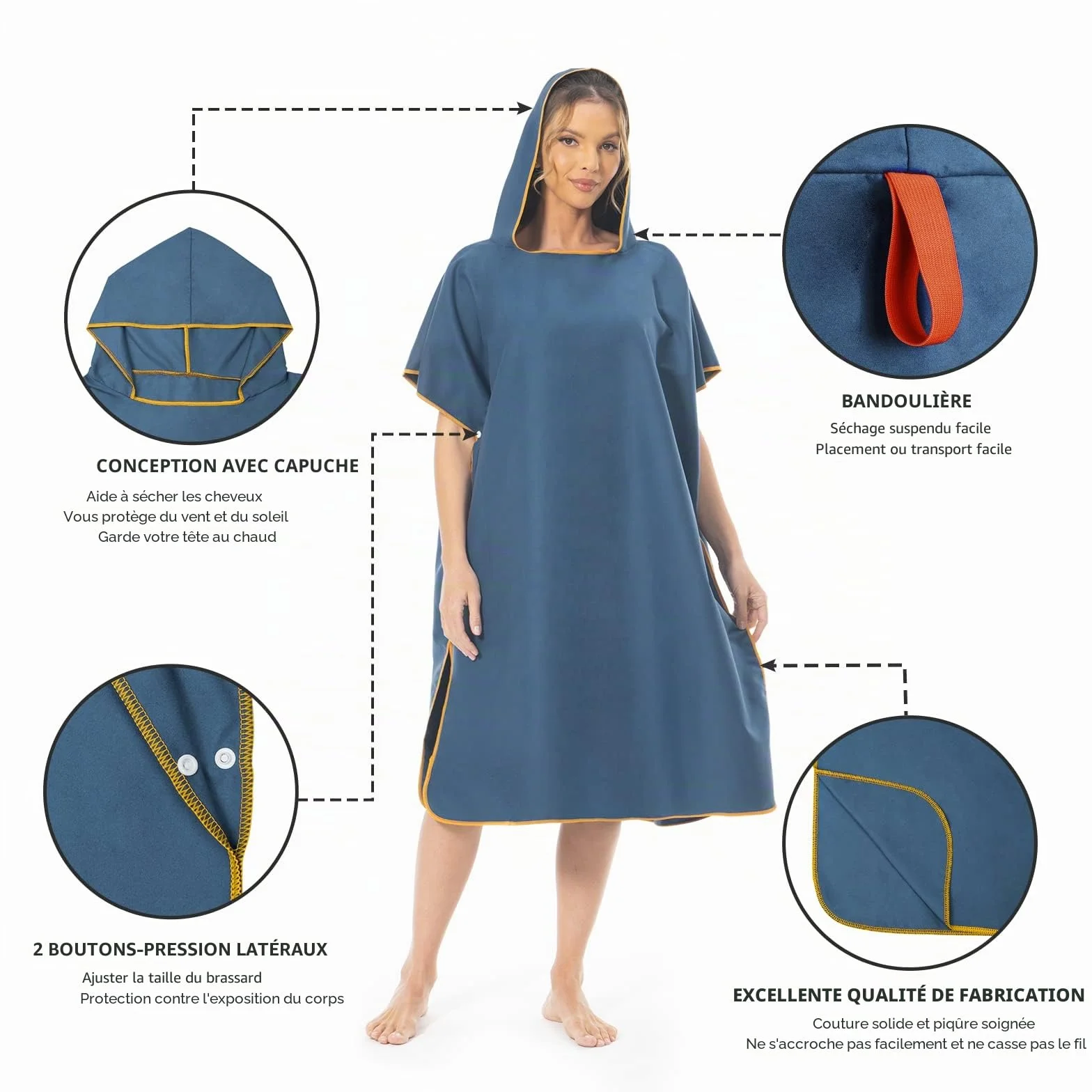 Mokani Peignoir à Langer Serviette en Microfibre Poncho de Surf avec Capuche pour Plage Surf Natation Plongée, Séchage Rapide & Léger, Convient aux Hommes Femmes Adultes (Bleu Foncé)