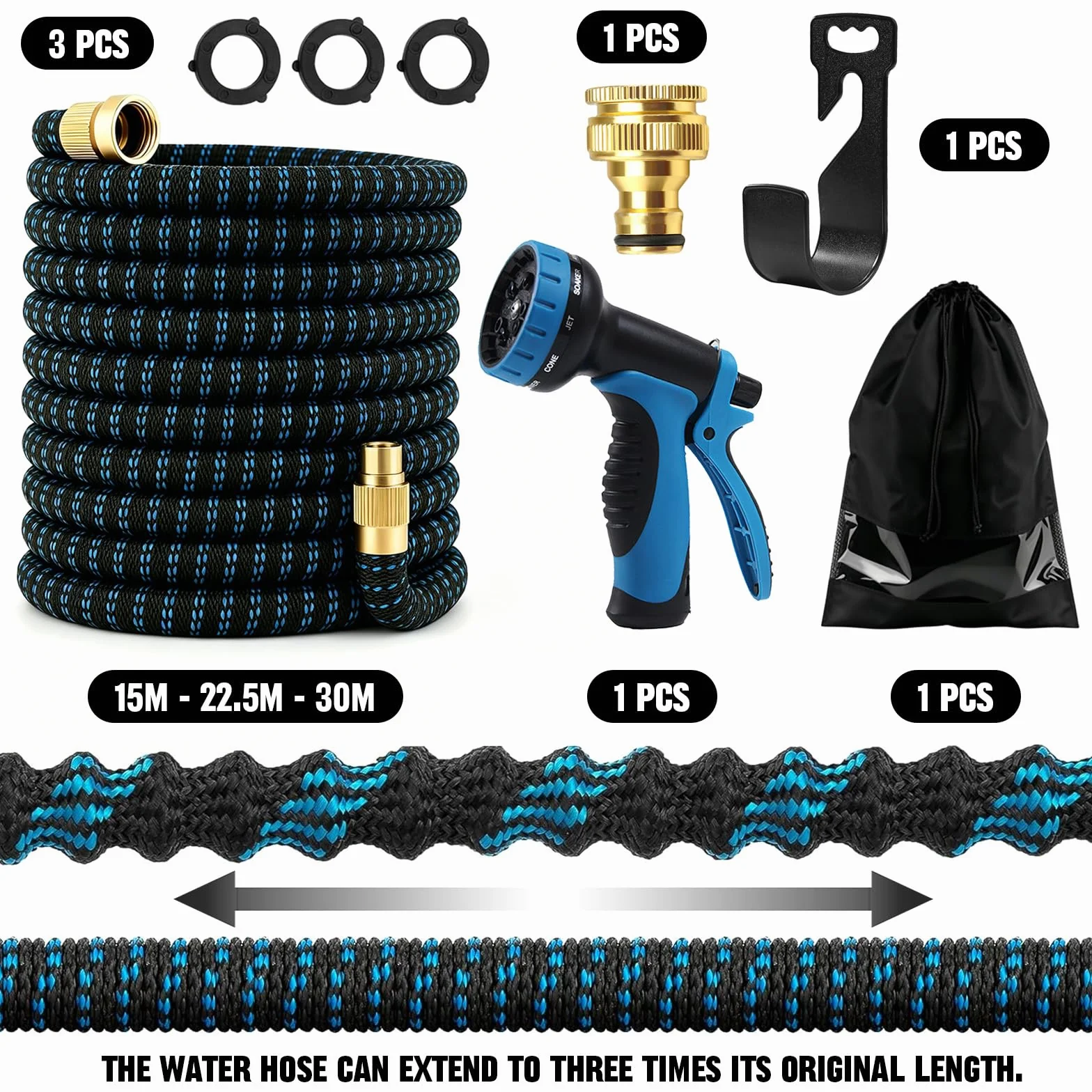 Lance d'arrosage 10 fonctions Tuyau Arrosage Extensible 30m 22.5m 15m Raccords Métalliques 1/2" 3/4" Jardin
