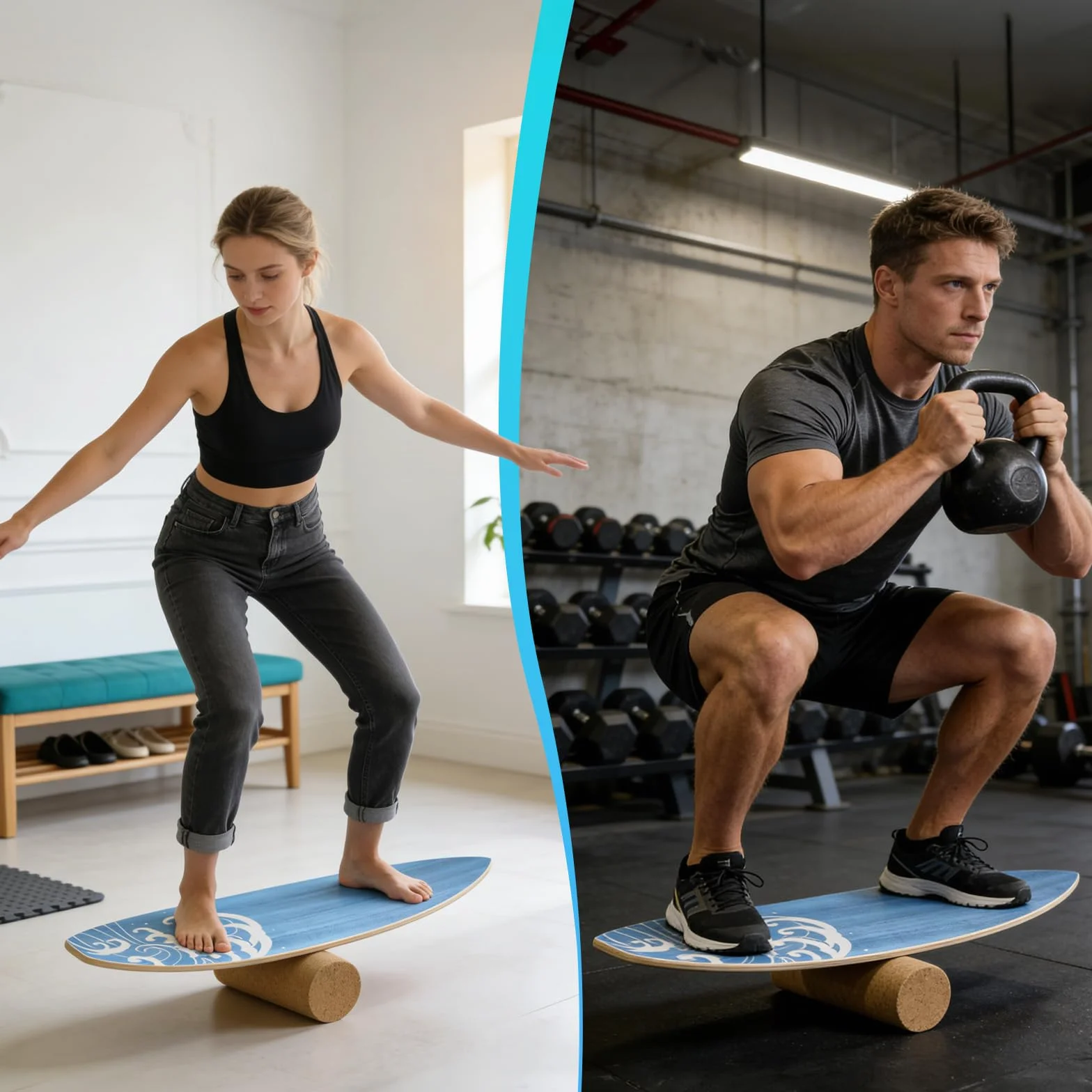 Planche d'Équilibre en en Bois Massif, Balance Board Surf avec Rouleau, Planche de Surf d’Intérieur pour le Surf, Fitness, Proprioception à la Maison