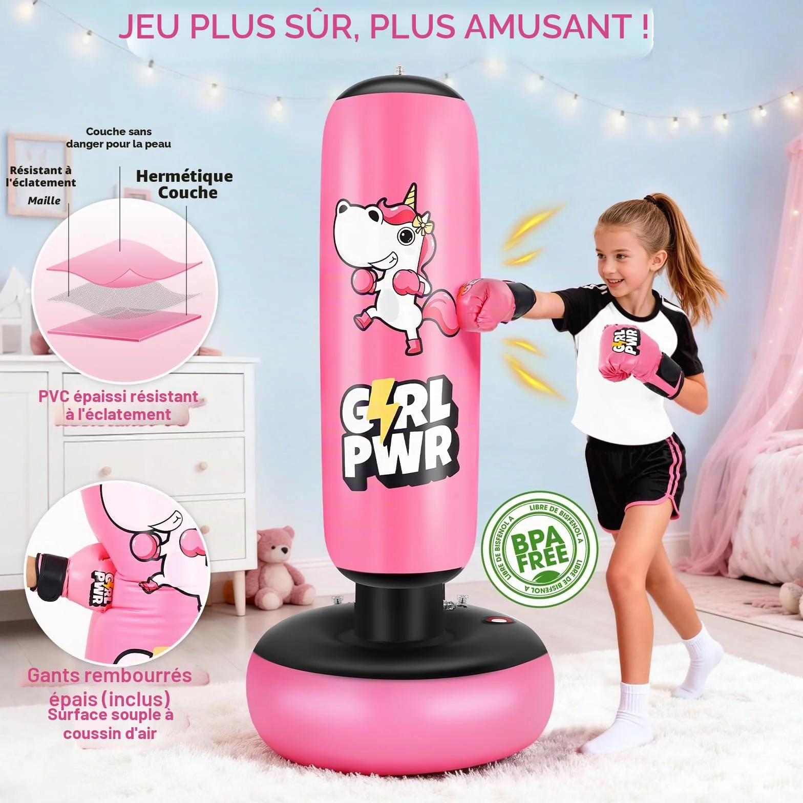 Punching Ball avec Gants de Boxe et Pompe, Sac de Boxe Enfant 168 cm - Idéal pour Karaté, Taekwondo, Cadeau Parfait pour Garçons & Filles de 5 à 12 Ans (Rose)